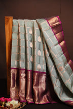 Vintage Kanchi Checks Saree in Silver Grey & Magenta