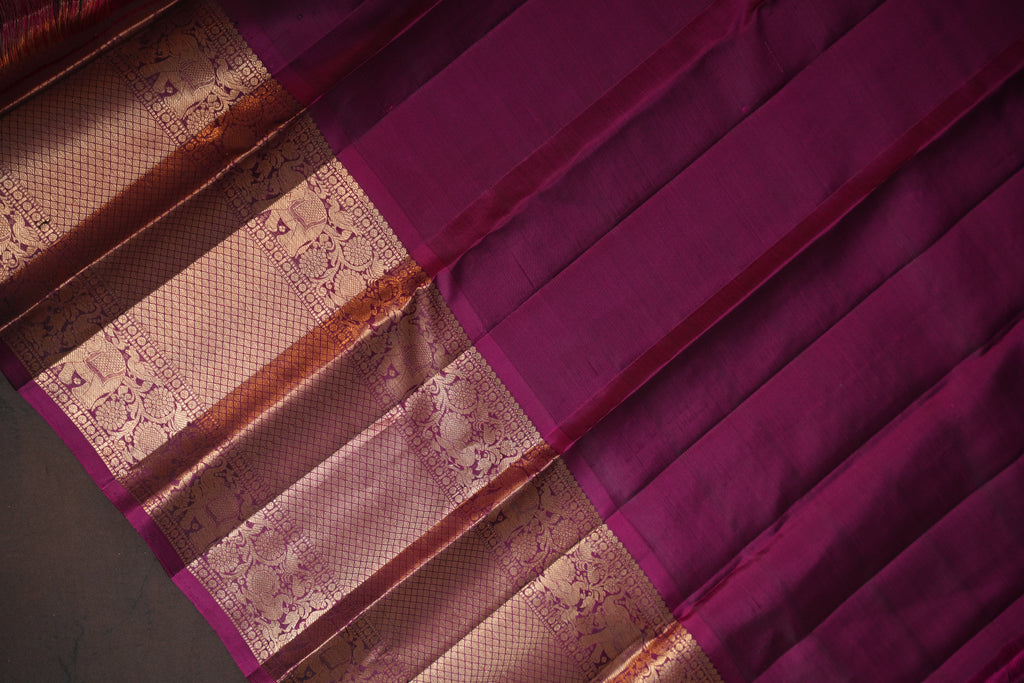 Vintage Kanchi Checks Saree in Silver Grey & Magenta