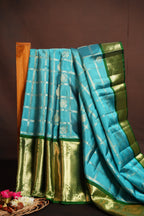 Vintage Kanchi Checks Saree in Sky Blue & Emerald Green