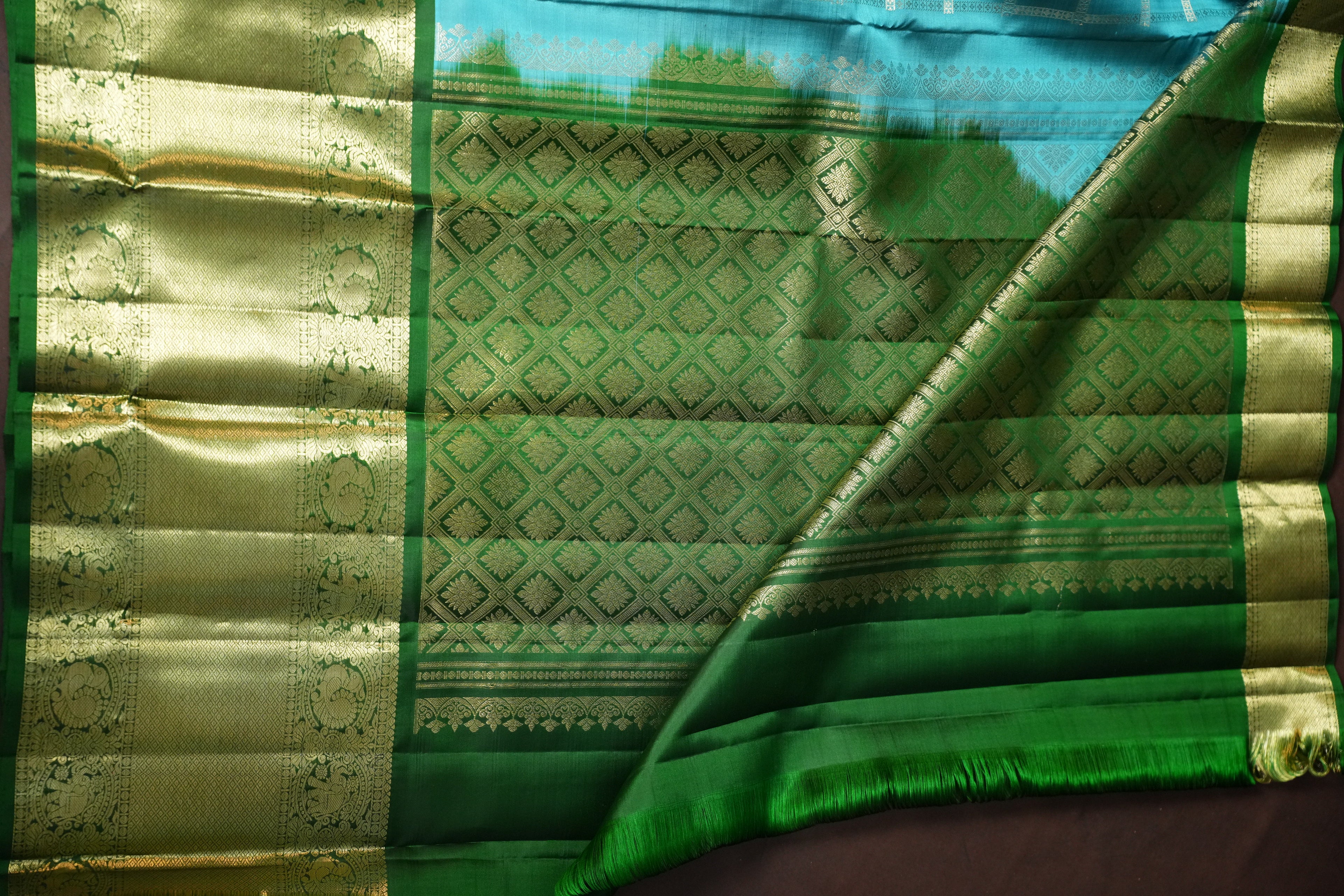 Vintage Kanchi Checks Saree in Sky Blue & Emerald Green
