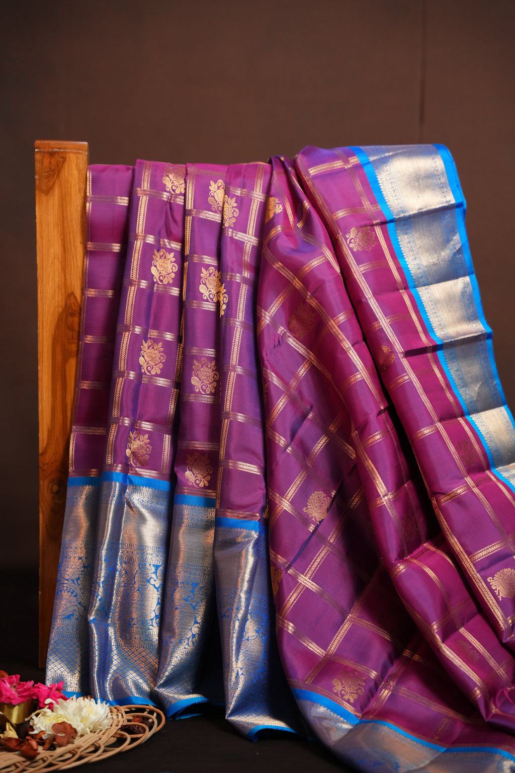 Vintage Kanchi Checks Saree in Royal Blue & Magenta