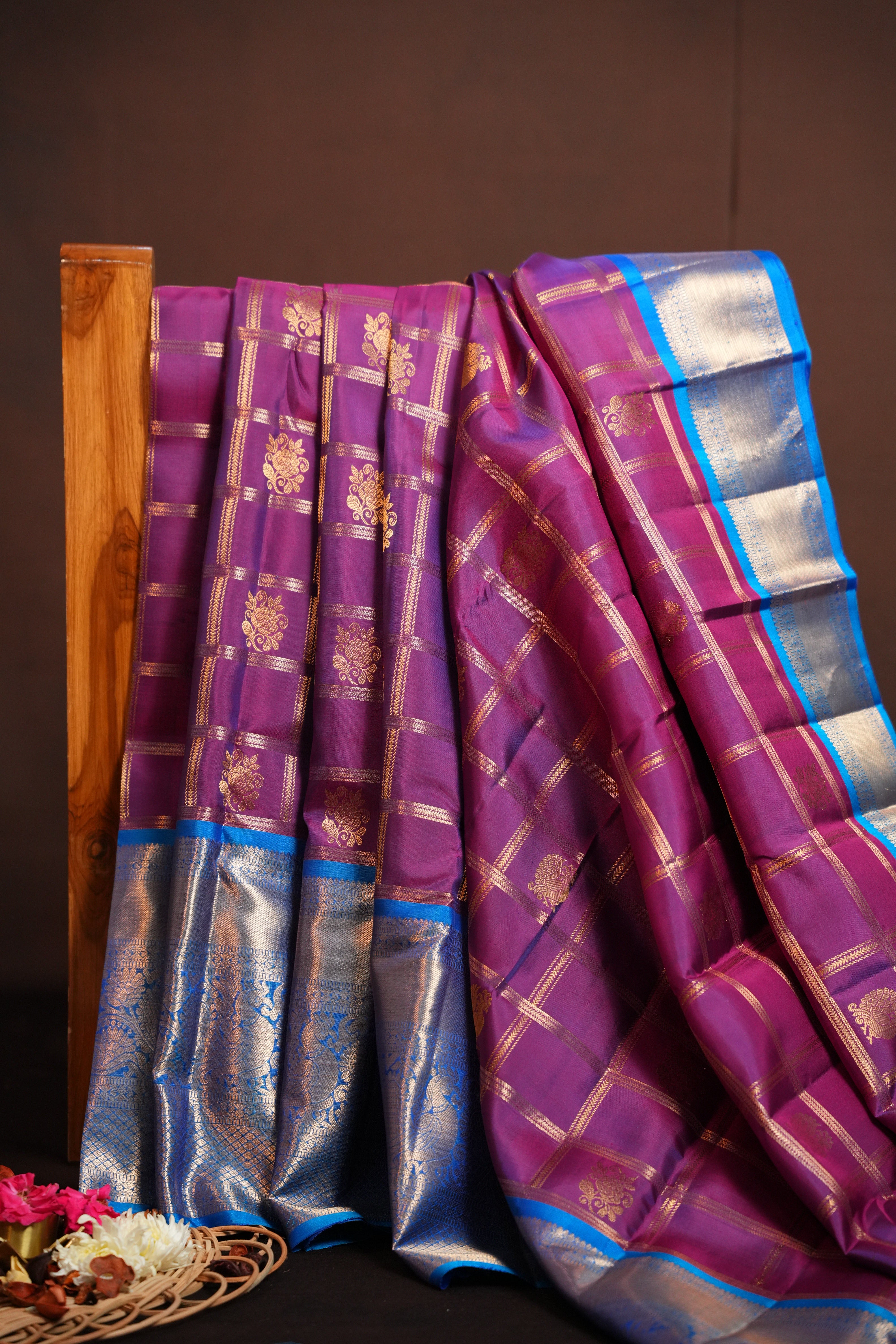 Vintage Kanchi Checks Saree in Royal Blue & Magenta