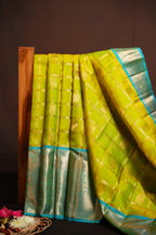 Vintage Kanchi Checks Saree in Aqua Blue & Lime Green