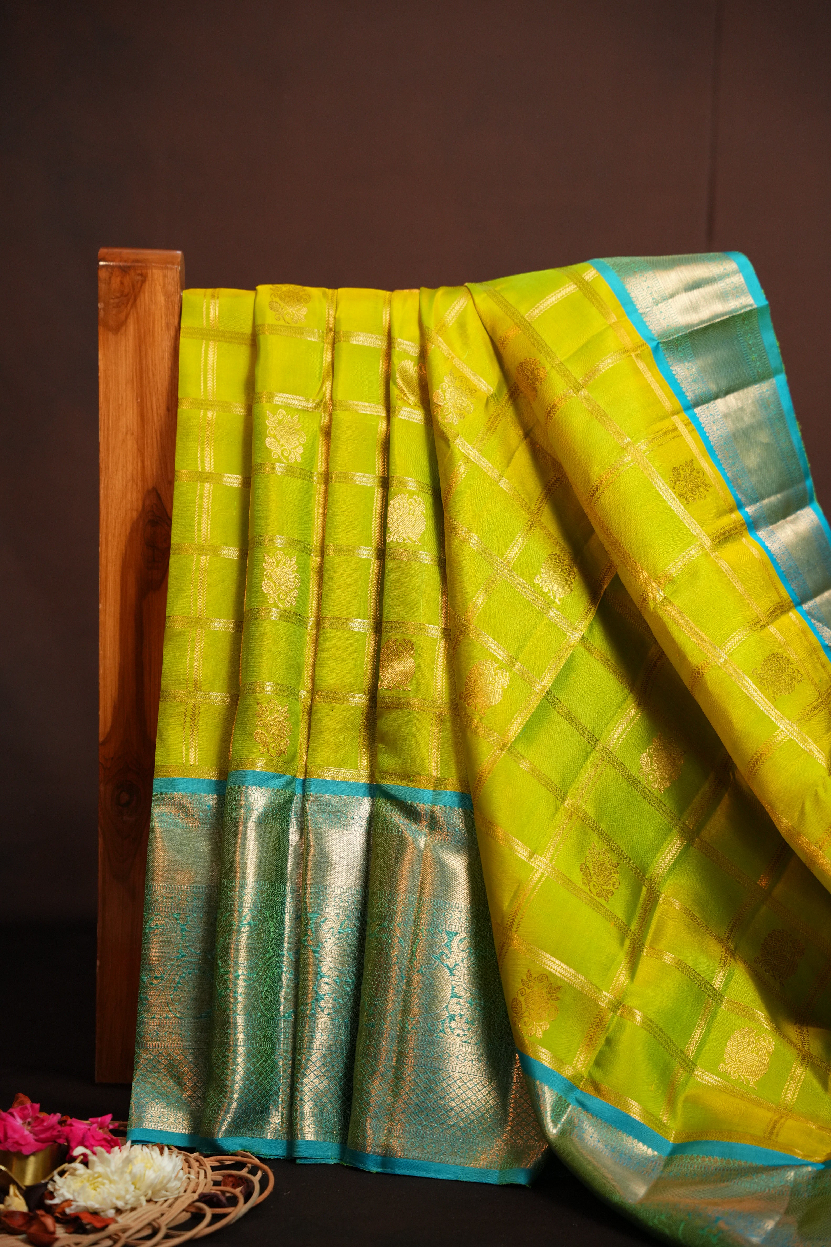 Vintage Kanchi Checks Saree in Aqua Blue & Lime Green