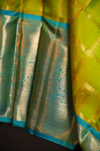 Vintage Kanchi Checks Saree in Aqua Blue & Lime Green