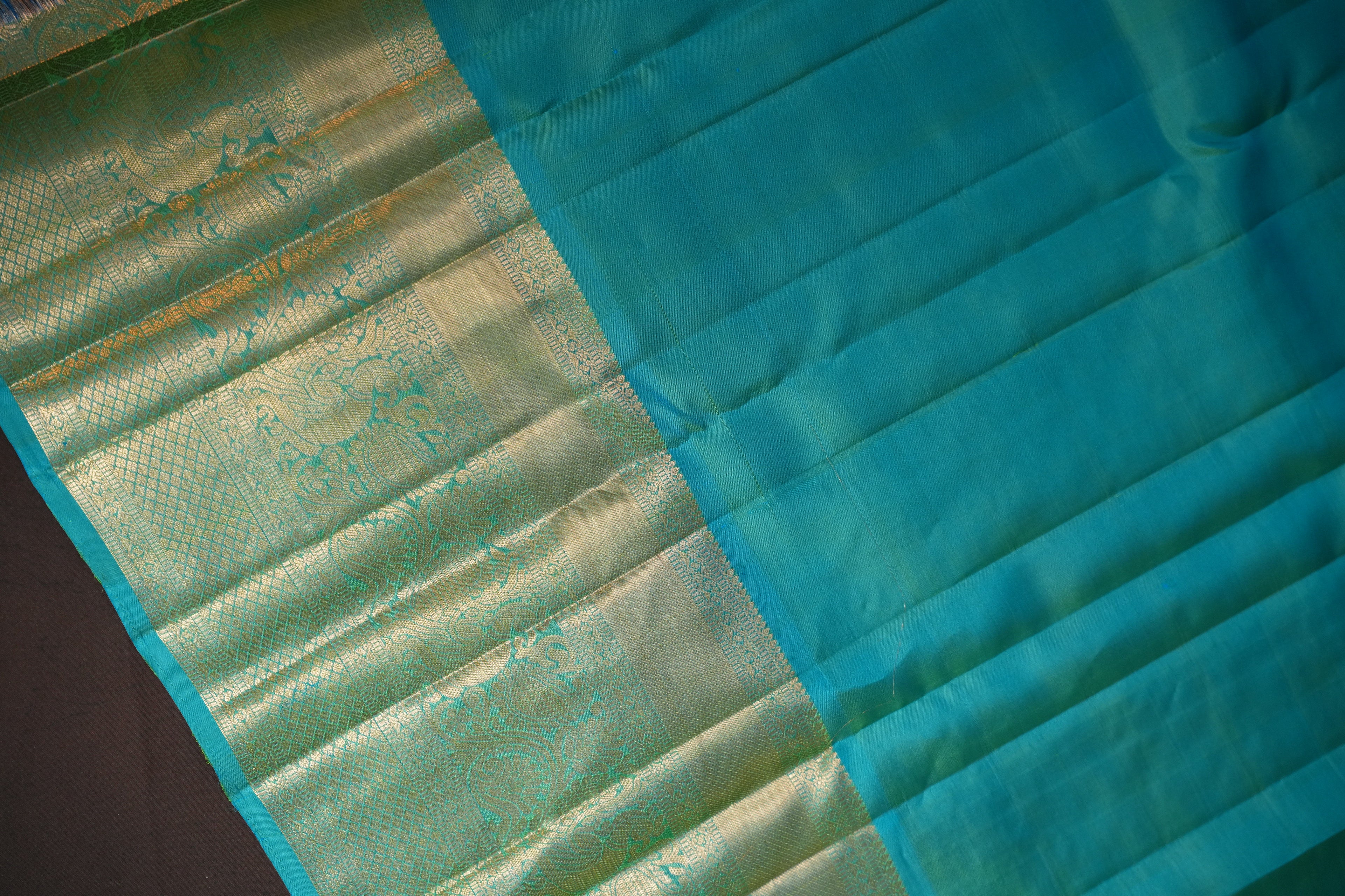 Vintage Kanchi Checks Saree in Aqua Blue & Lime Green