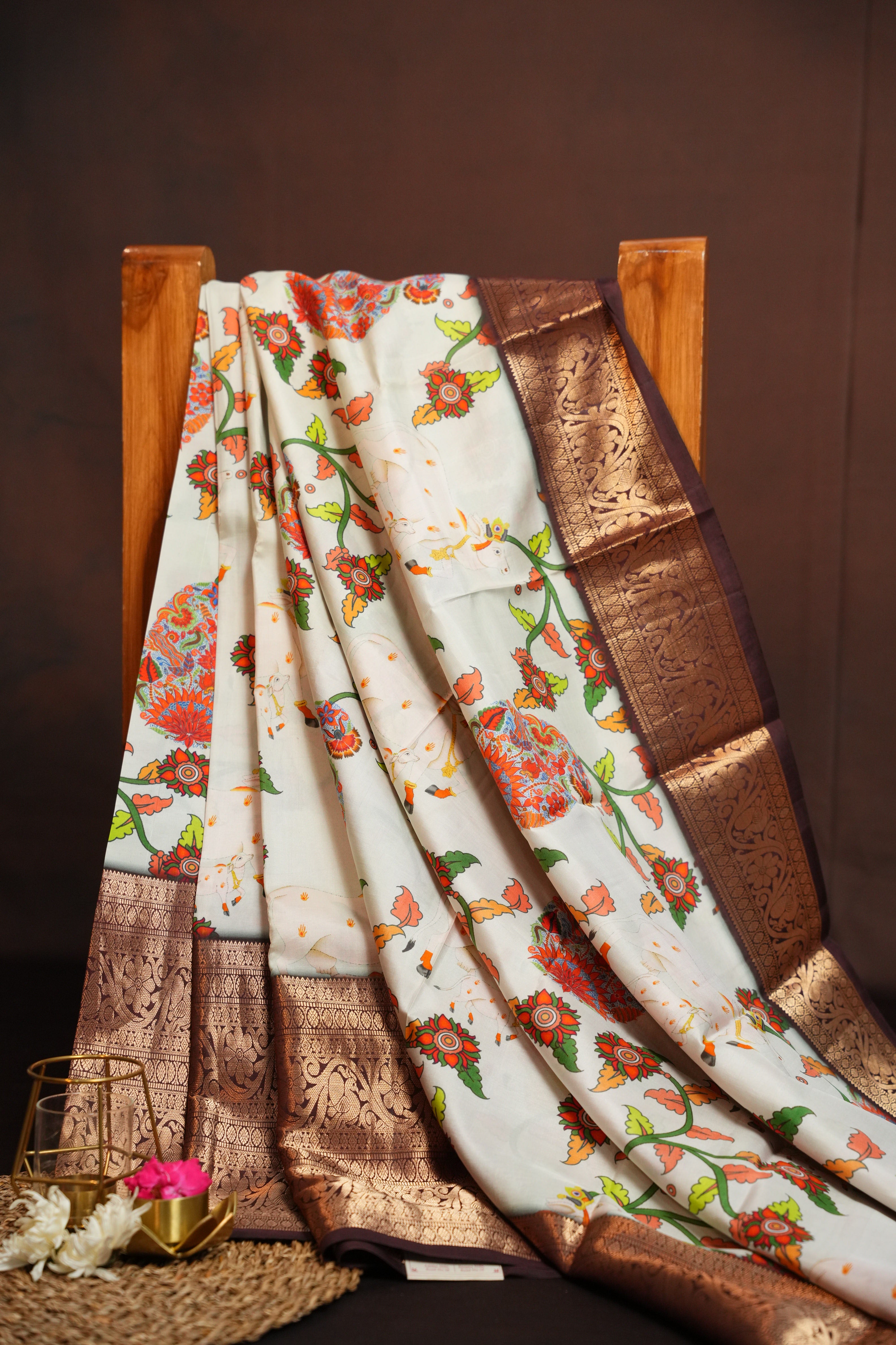 Kanchi Printed Kalamkari Saree with Rich Zari Border