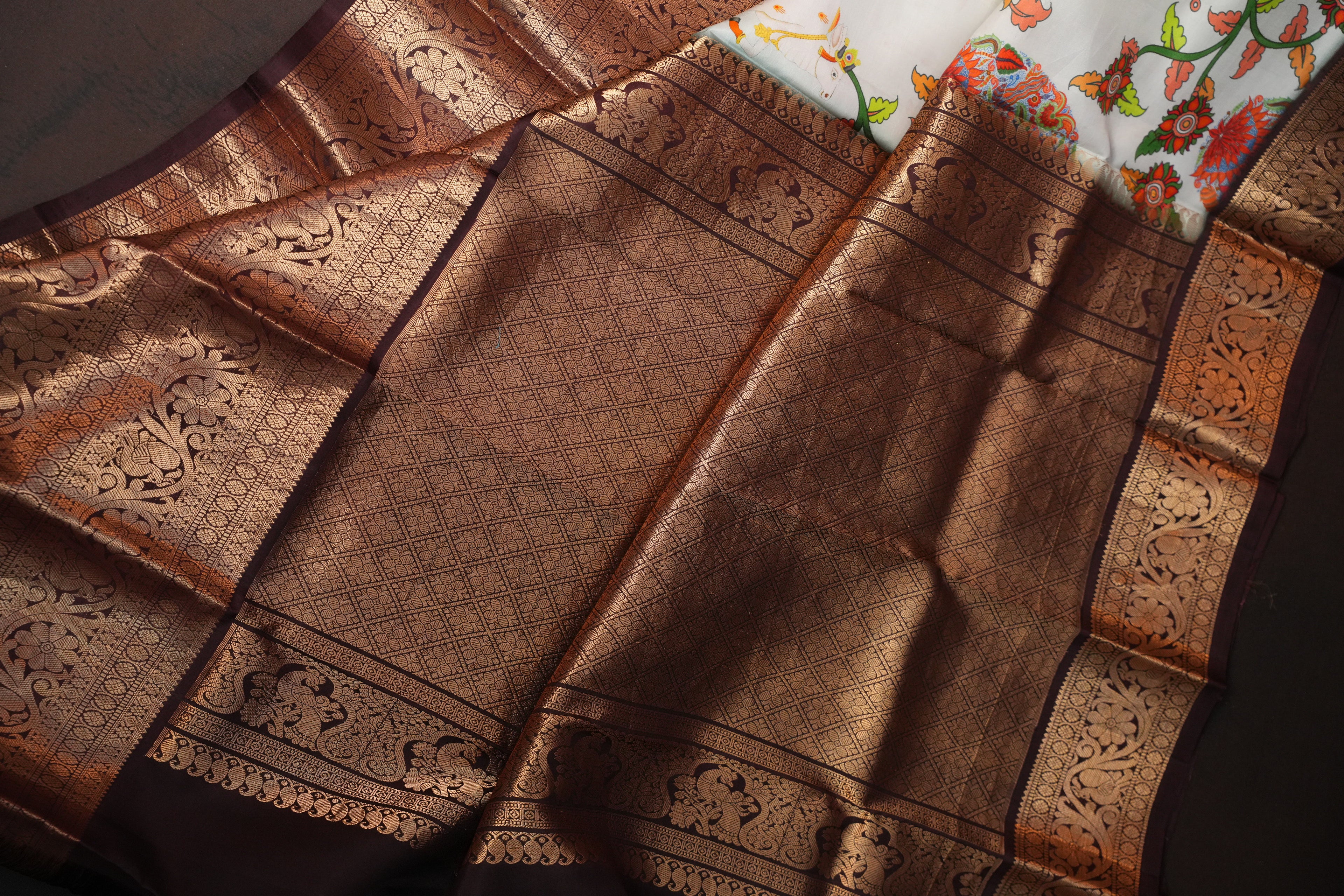Kanchi Printed Kalamkari Saree with Rich Zari Border