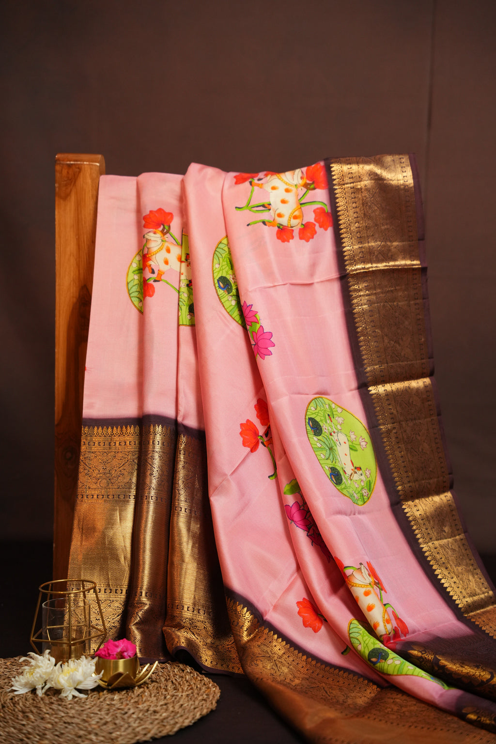 Pink Kanchi Printed Kalamkari Saree with Zari Border