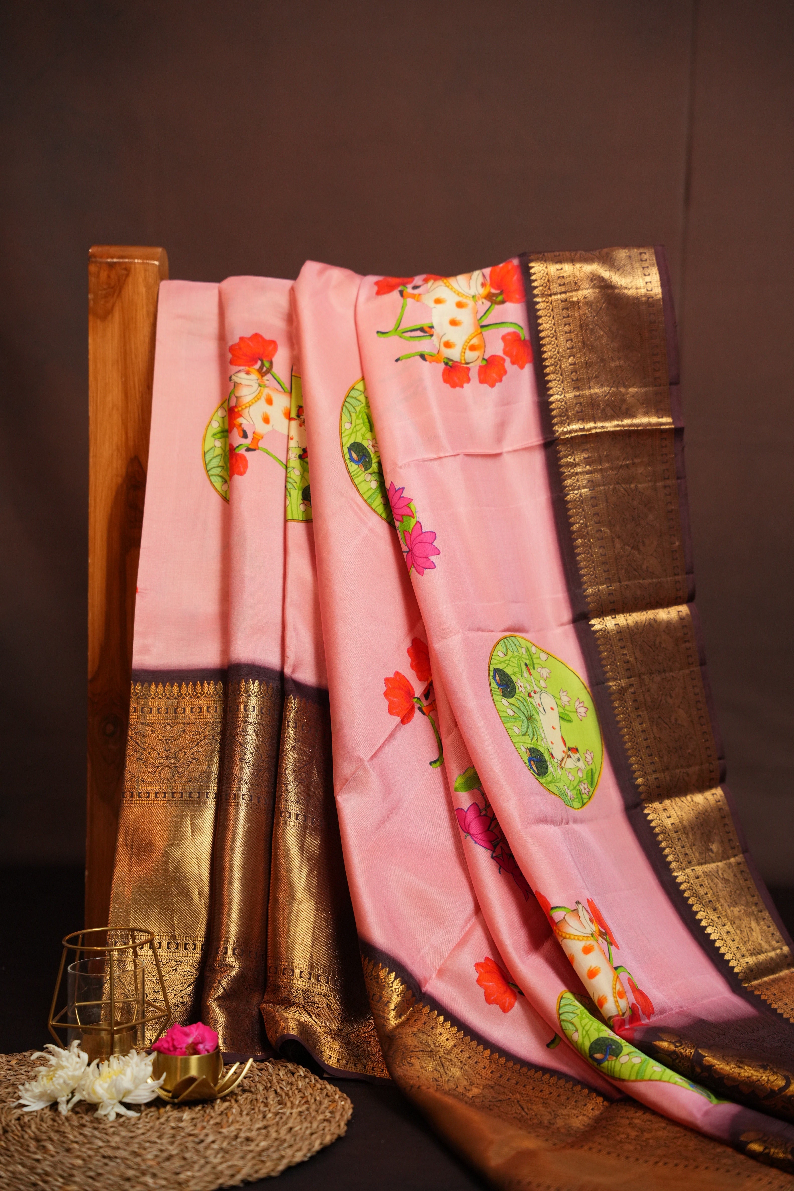 Pink Kanchi Printed Kalamkari Saree with Zari Border