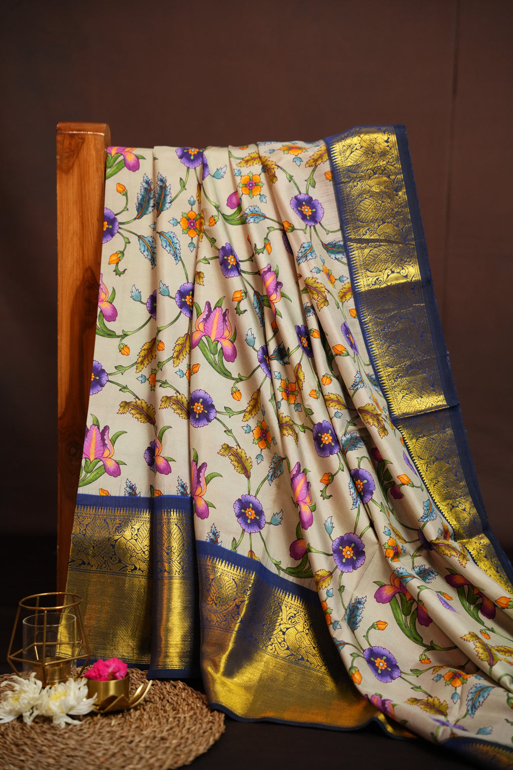 Floral Kanchi Printed Kalamkari Saree with Zari Border