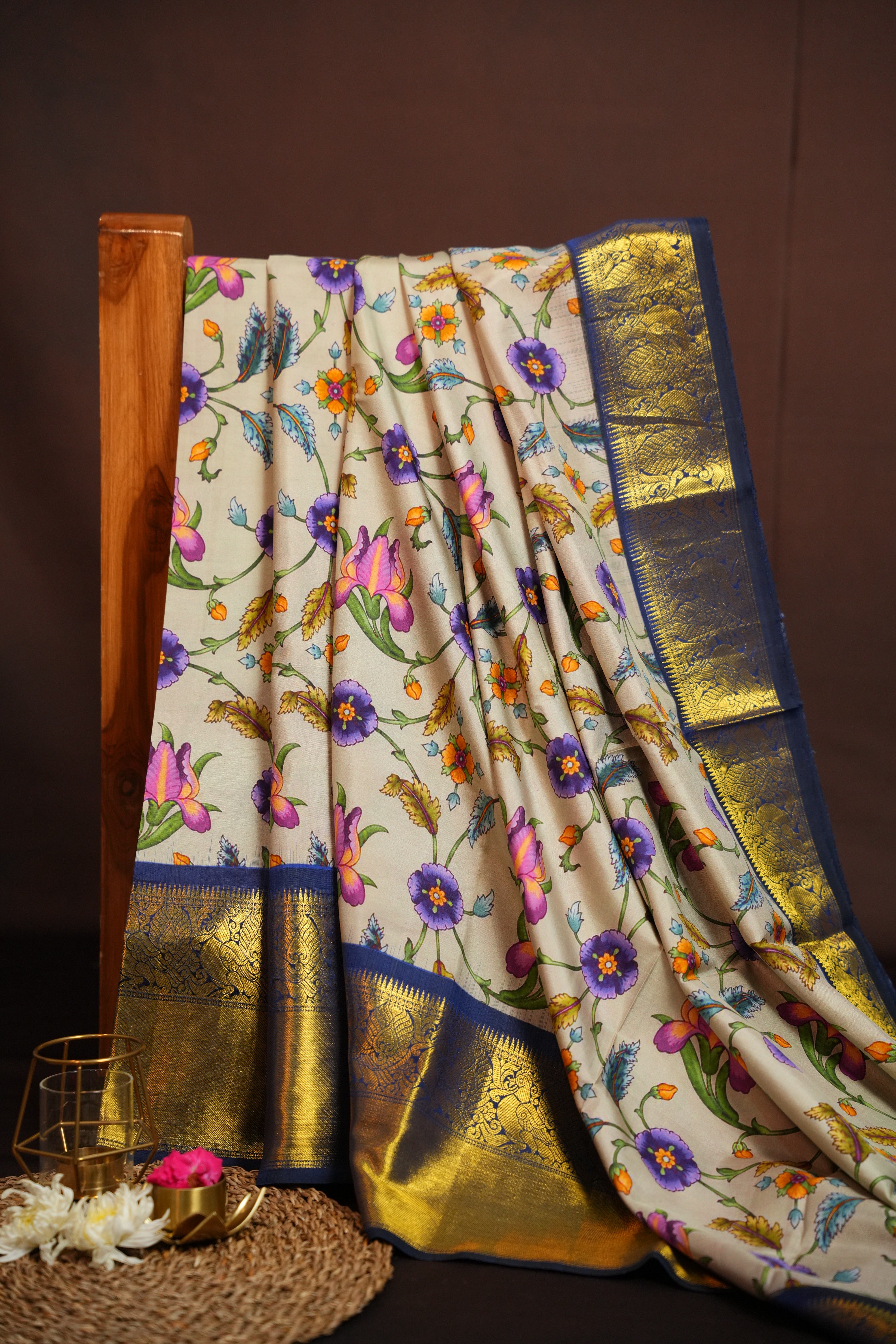 Floral Kanchi Printed Kalamkari Saree with Zari Border