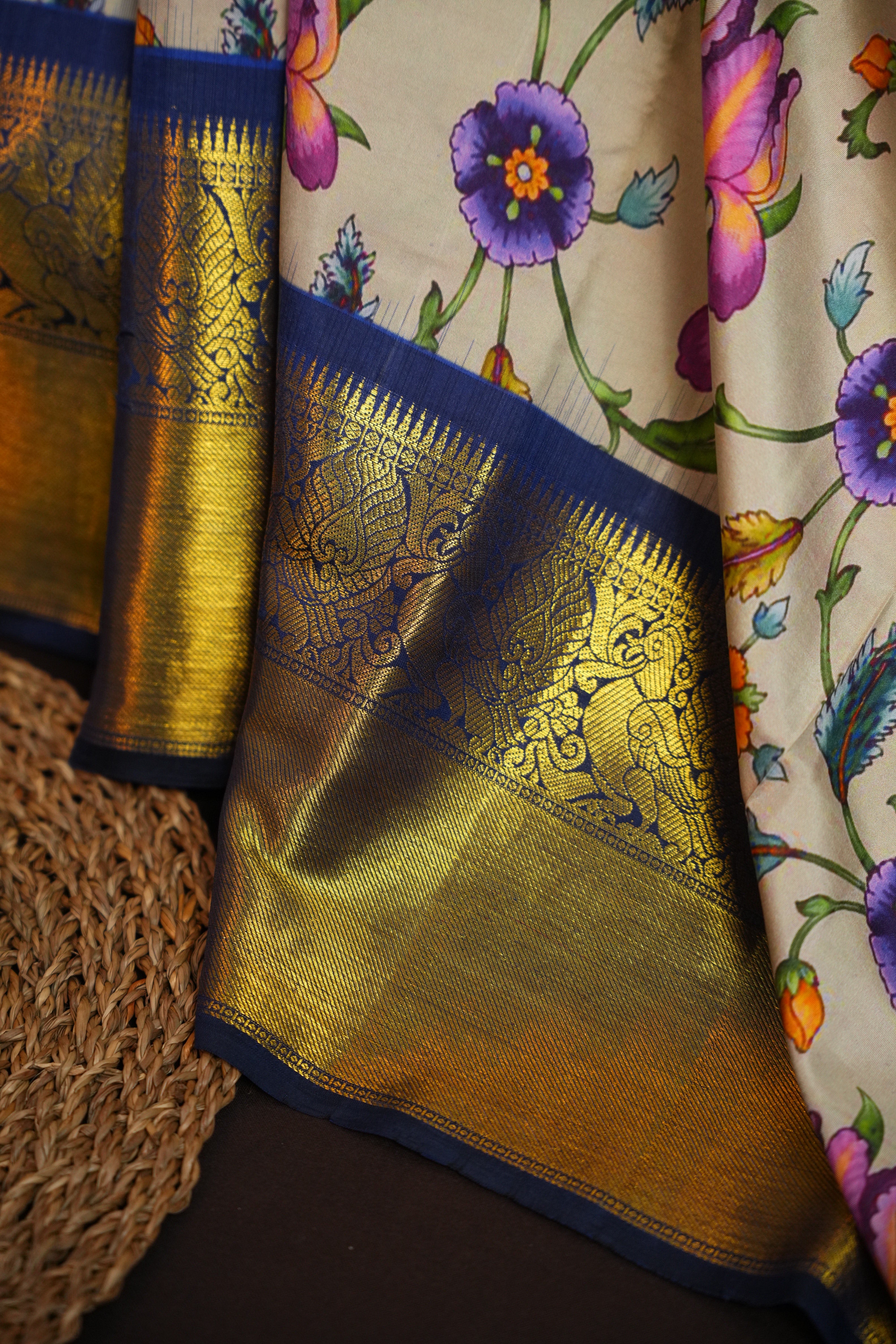 Floral Kanchi Printed Kalamkari Saree with Zari Border