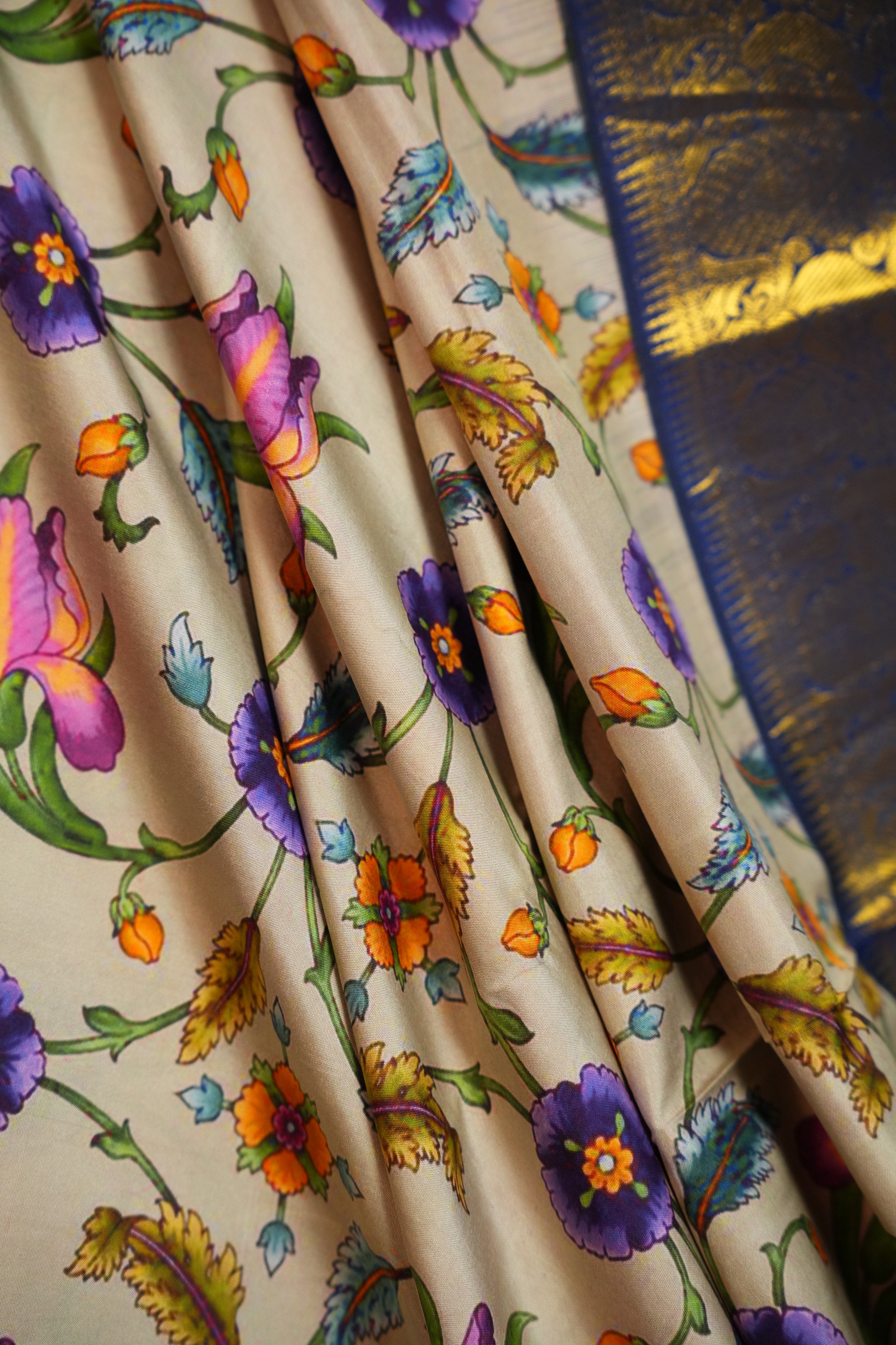 Floral Kanchi Printed Kalamkari Saree with Zari Border