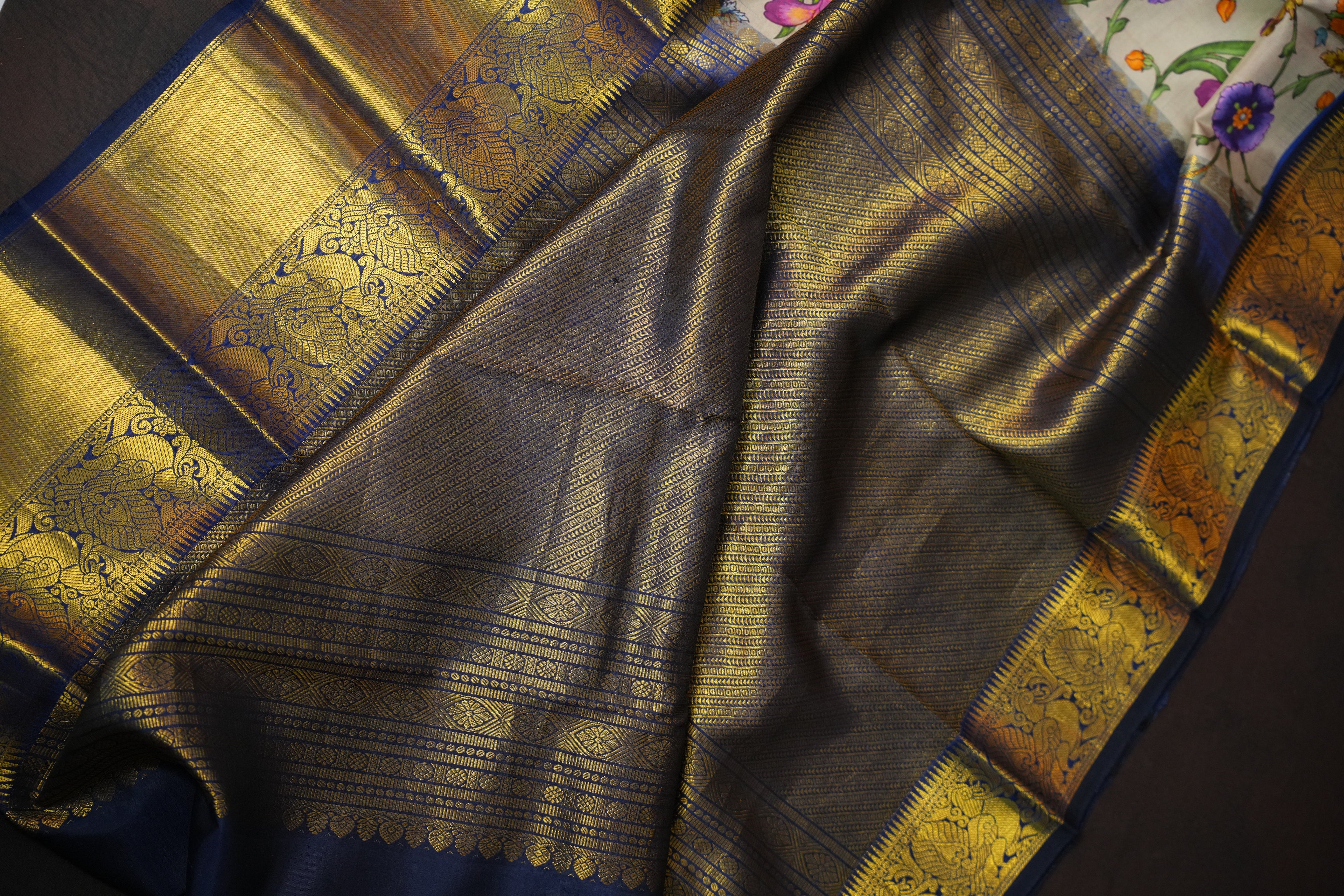 Floral Kanchi Printed Kalamkari Saree with Zari Border
