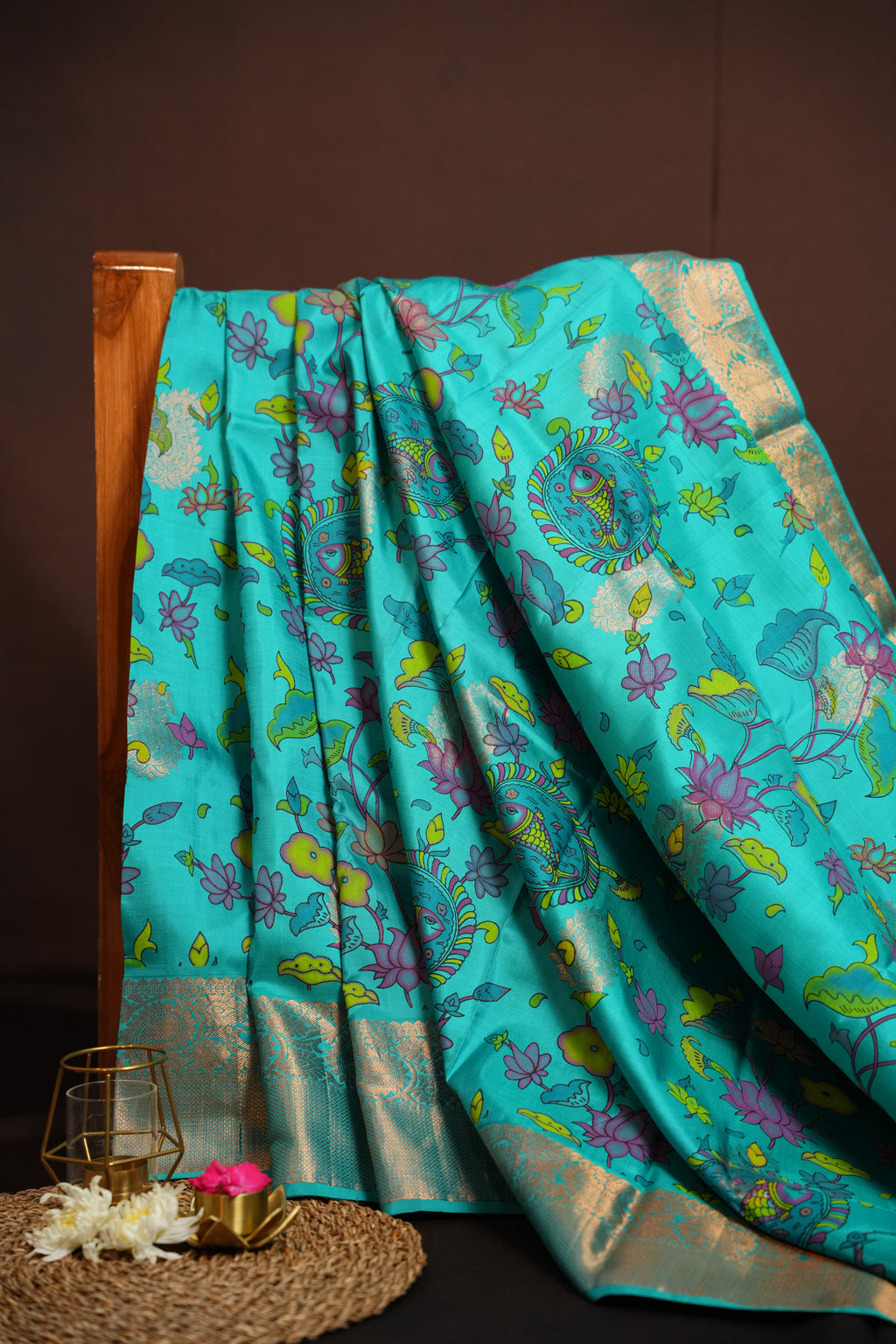 Kanchi Printed Kalamkari Saree with Silver Zari Border