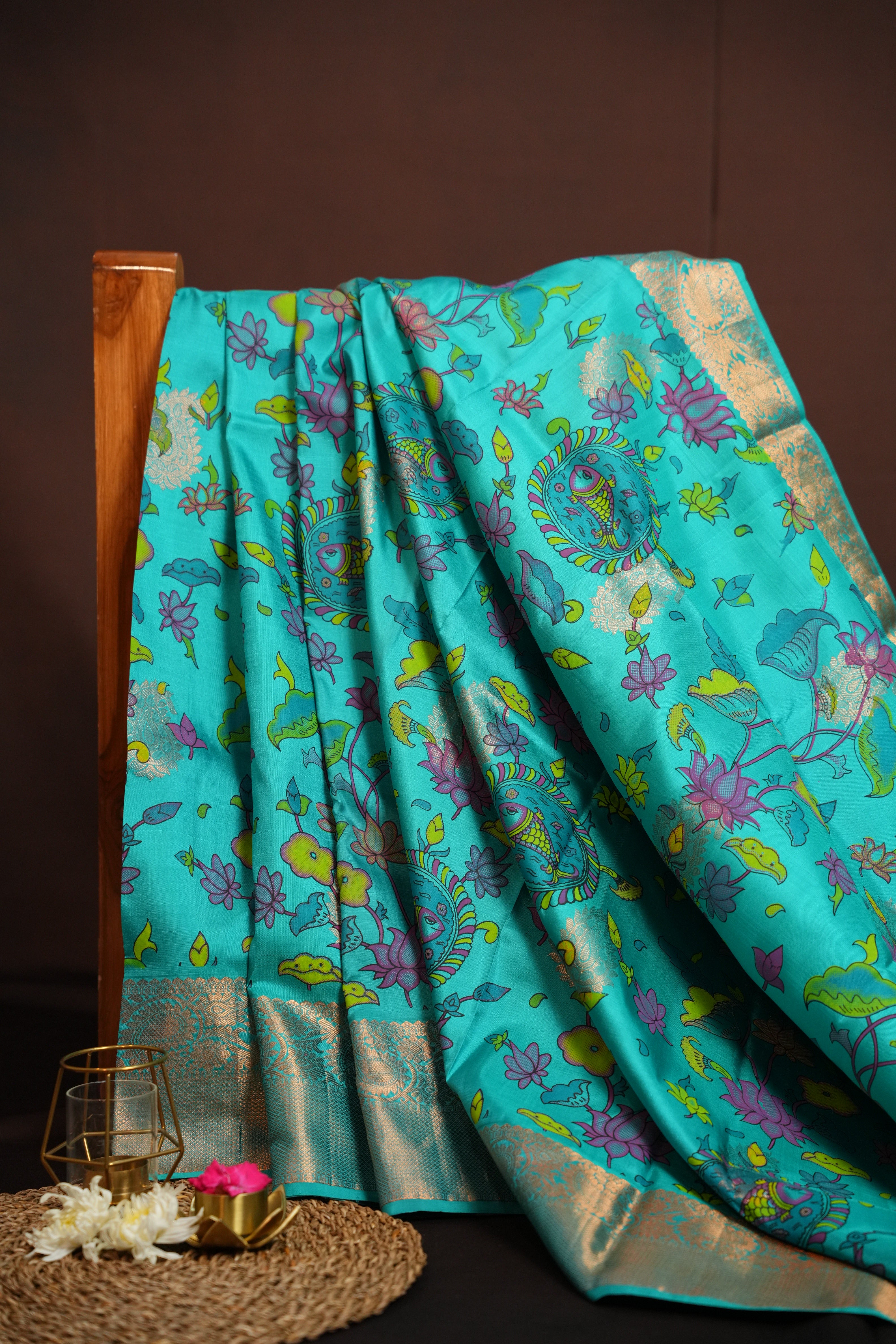 Kanchi Printed Kalamkari Saree with Silver Zari Border