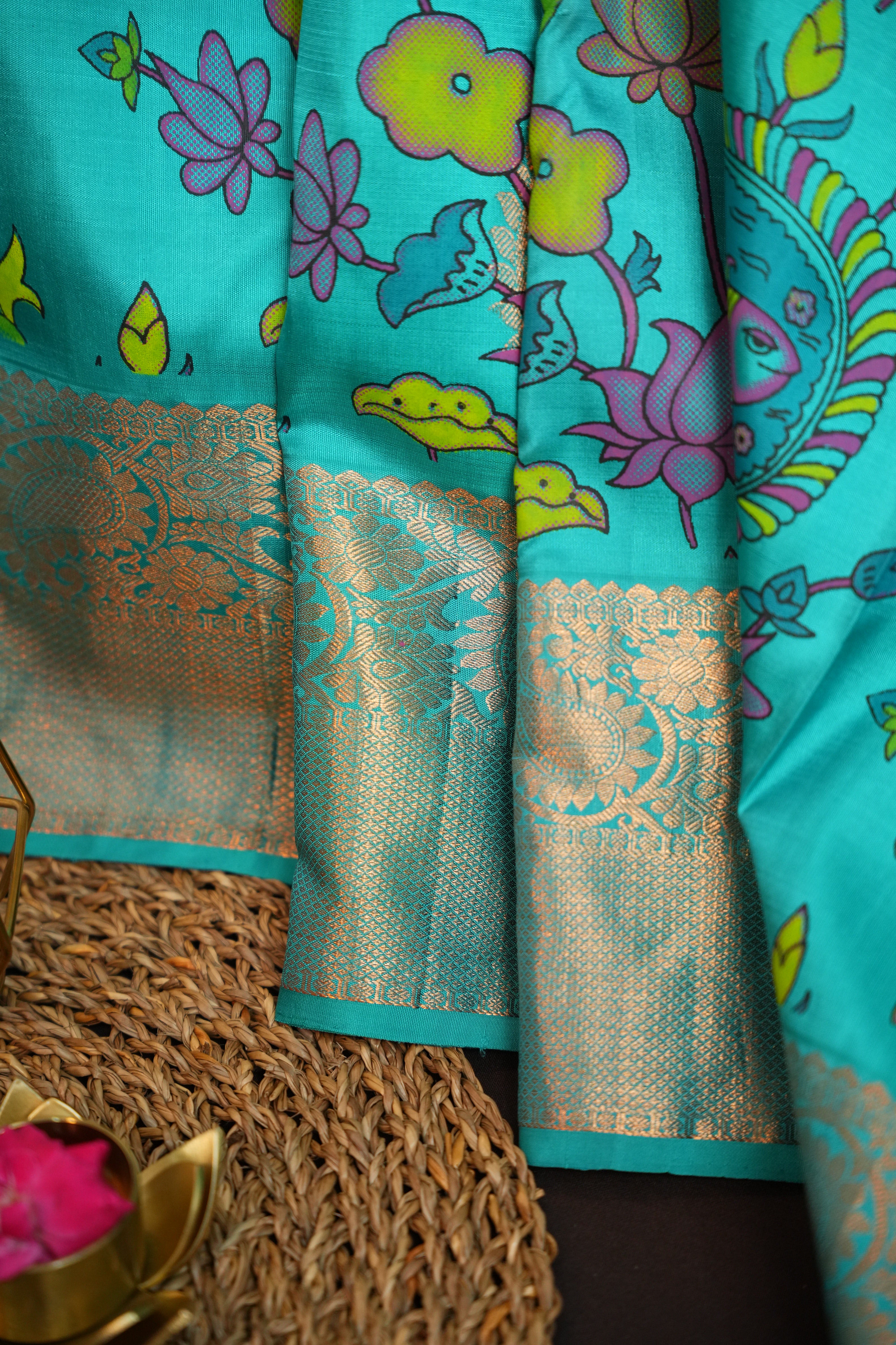 Kanchi Printed Kalamkari Saree with Silver Zari Border