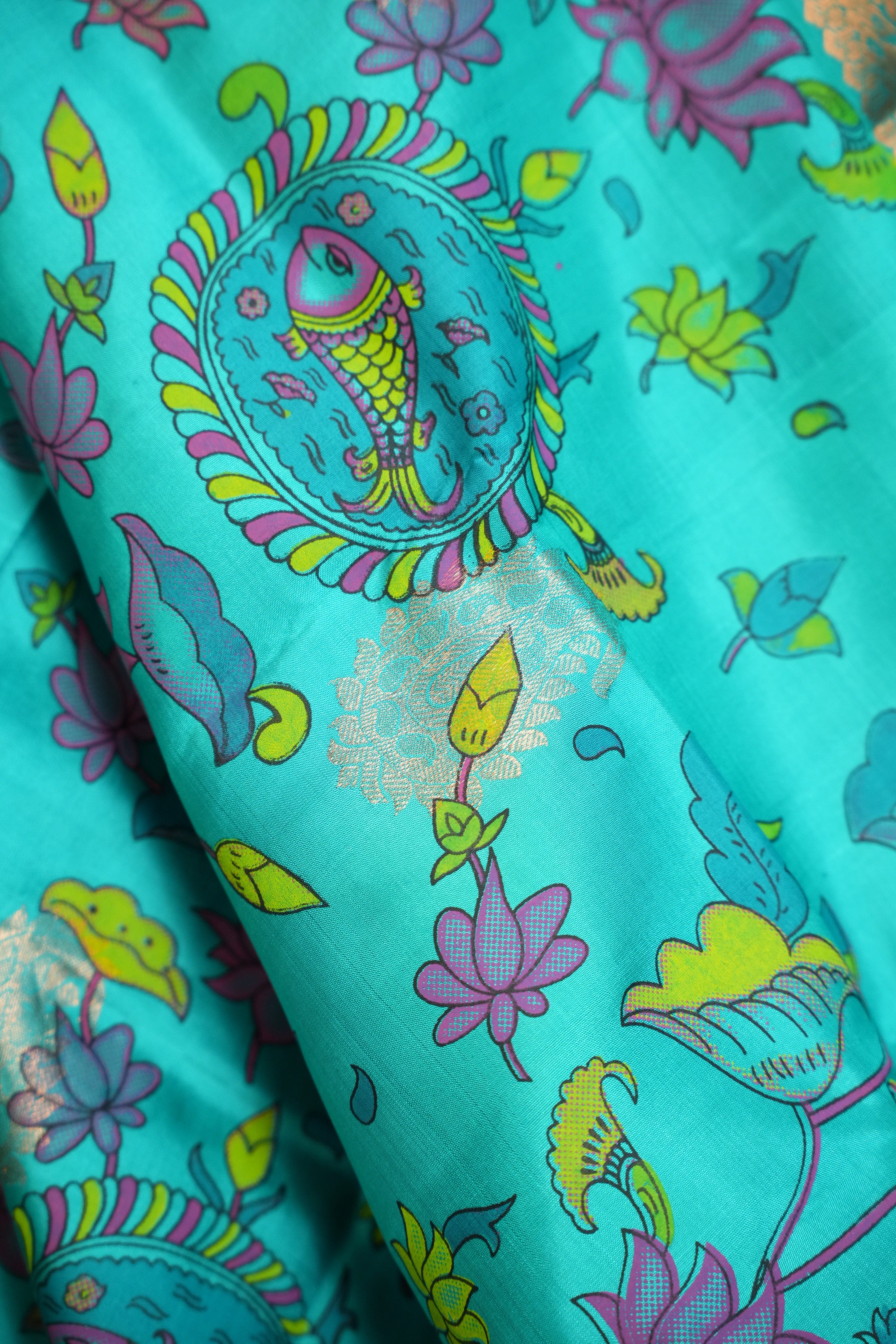 Kanchi Printed Kalamkari Saree with Silver Zari Border
