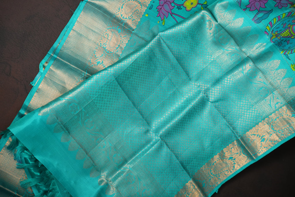 Kanchi Printed Kalamkari Saree with Silver Zari Border