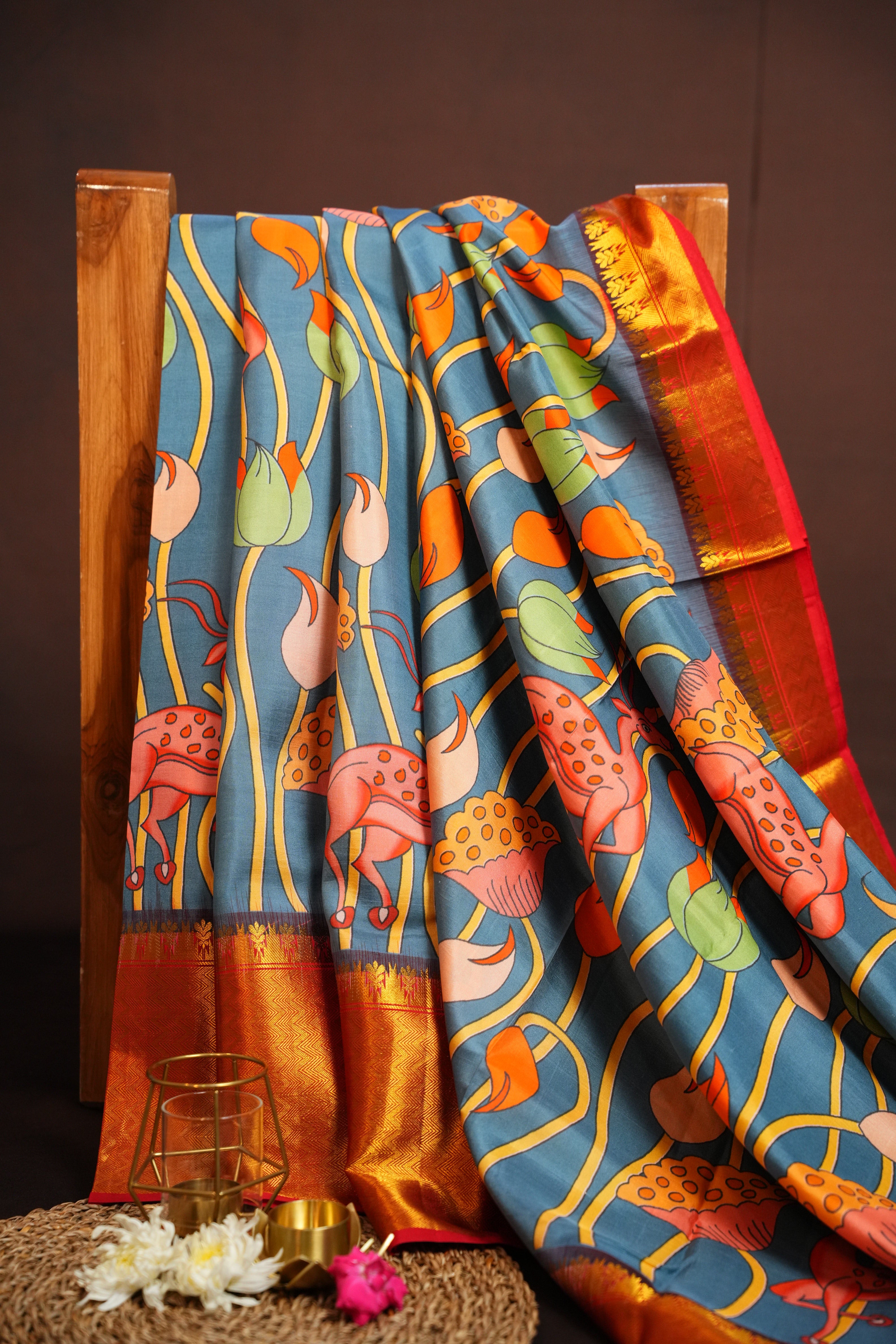 Kanchi Printed Kalamkari Saree with Zari Border