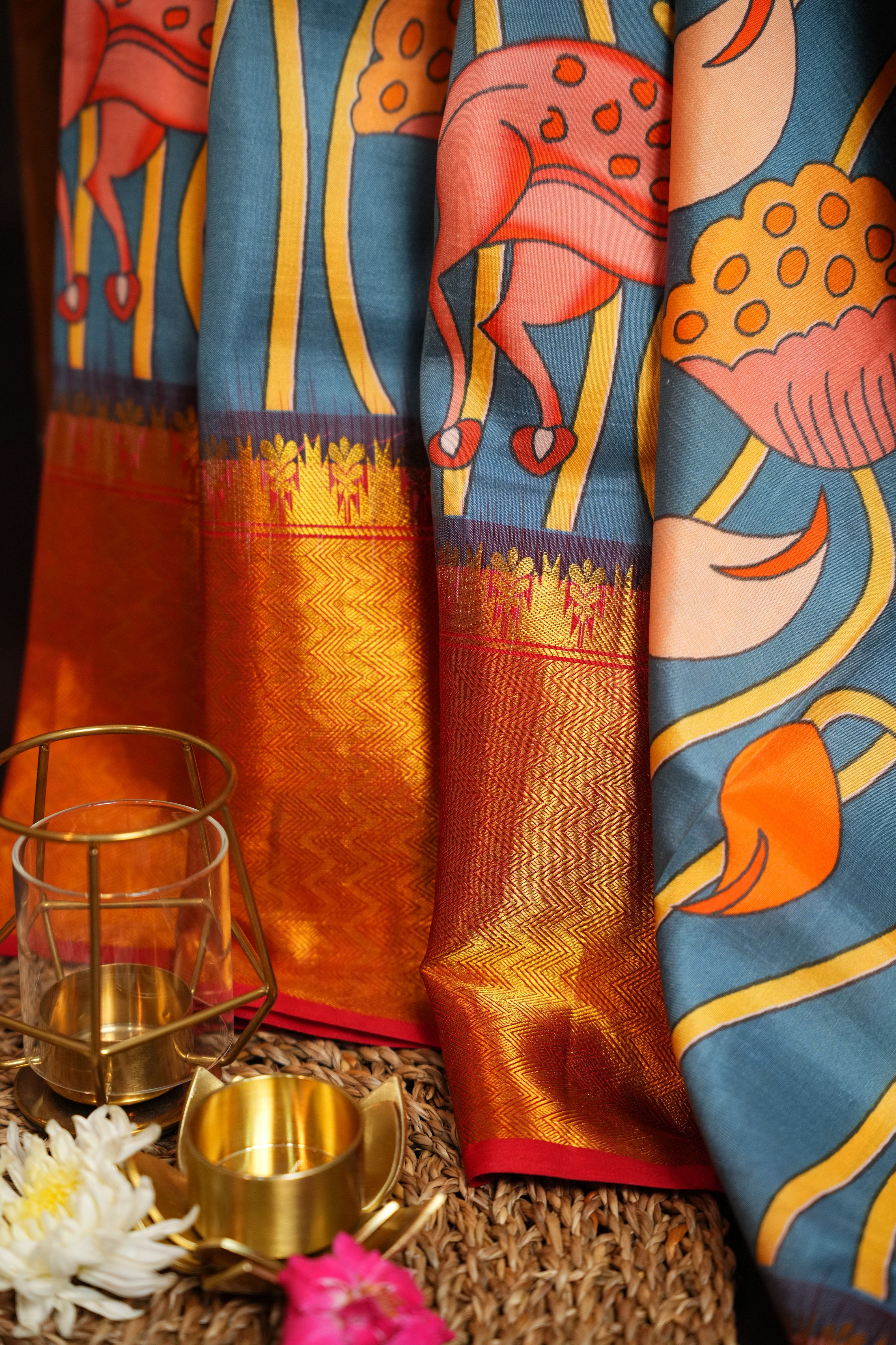 Kanchi Printed Kalamkari Saree with Zari Border