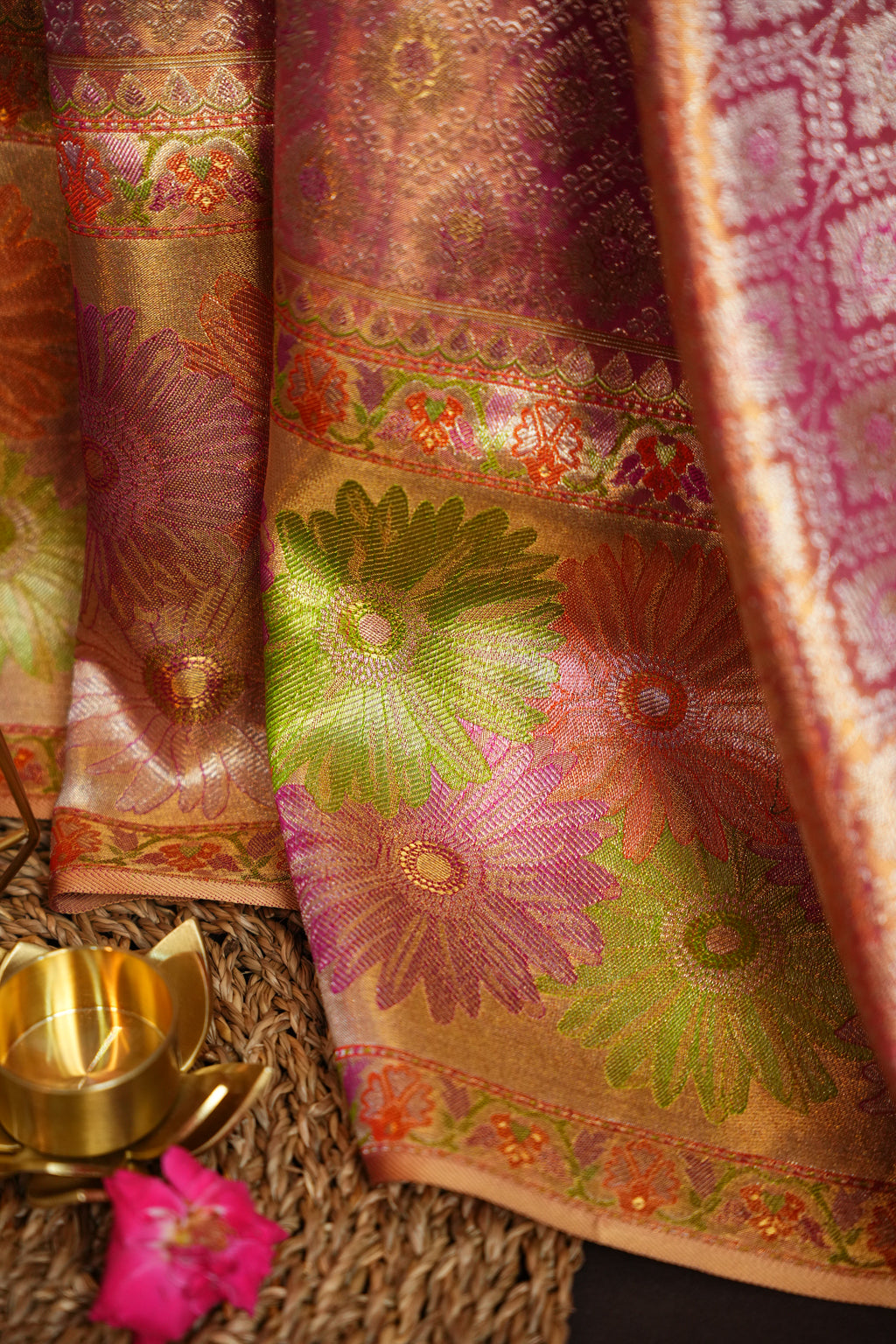 Pink Kanchi Meena Border Saree with Floral Woven Pallu
