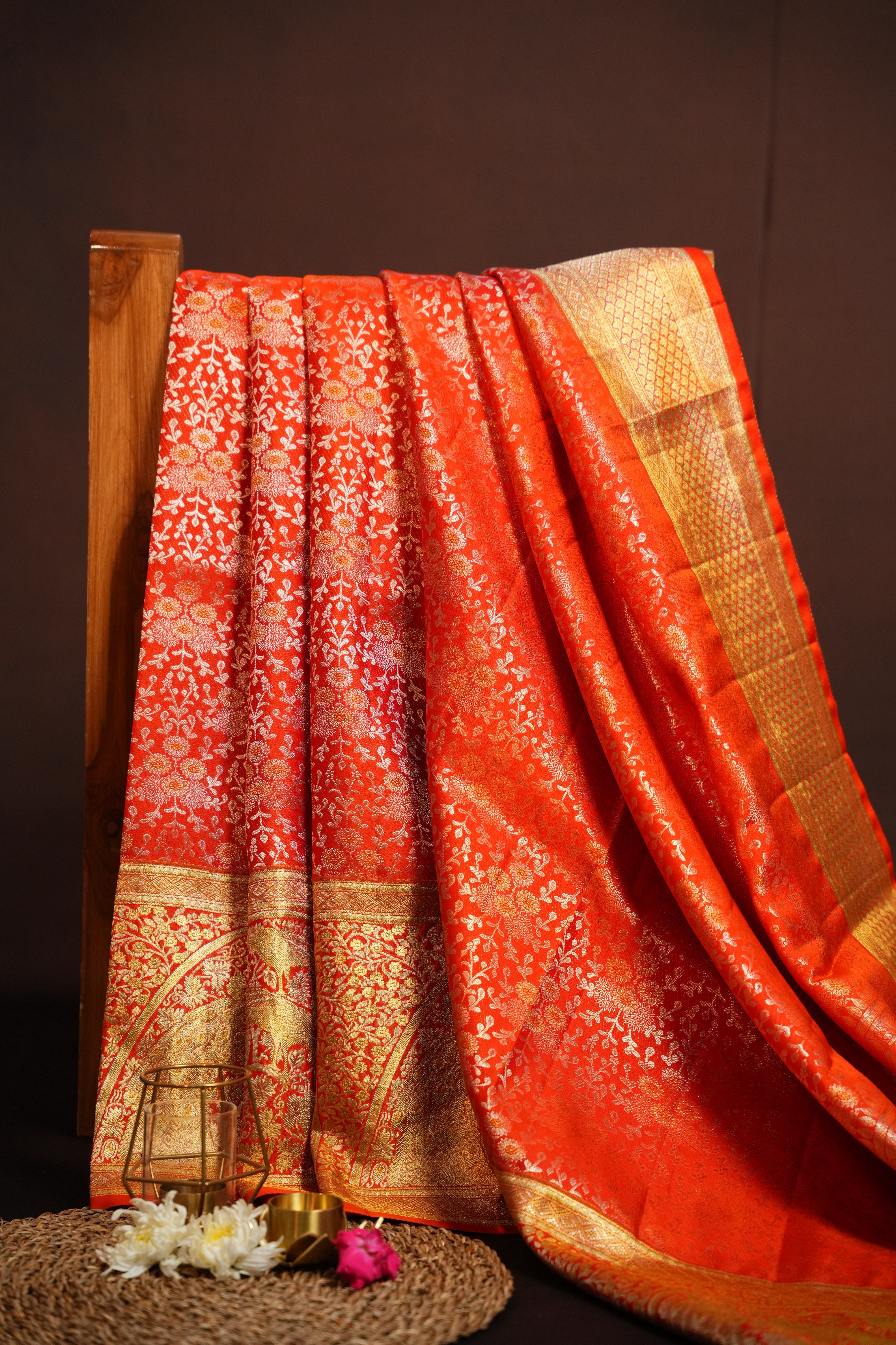 Orange Kanchi Meena Border Saree with Peacock Zari Pallu