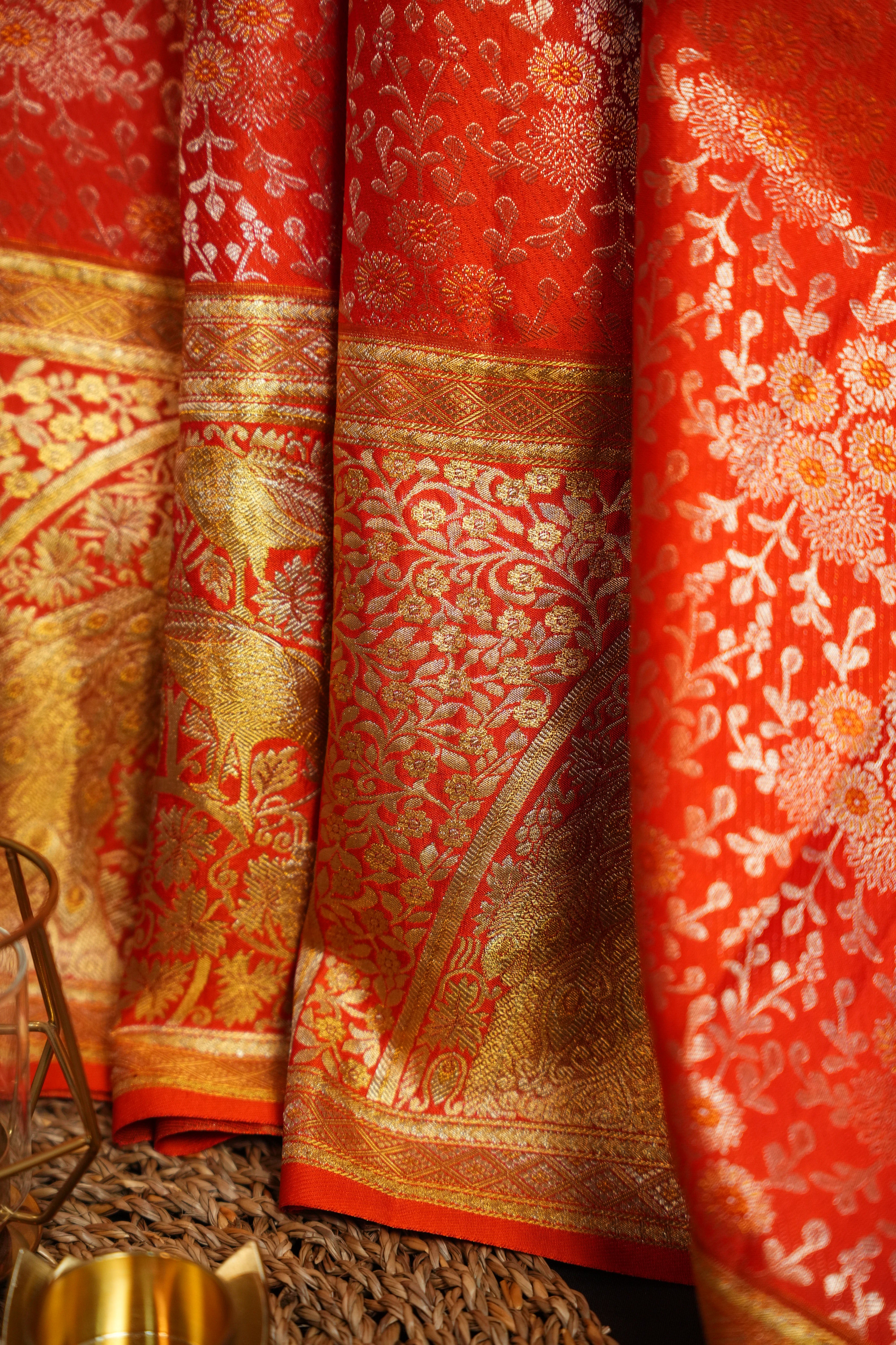 Orange Kanchi Meena Border Saree with Peacock Zari Pallu