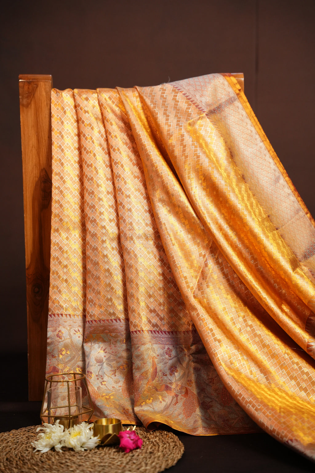 Gold Kanchi Meena Border Saree with Peacock Woven Pallu