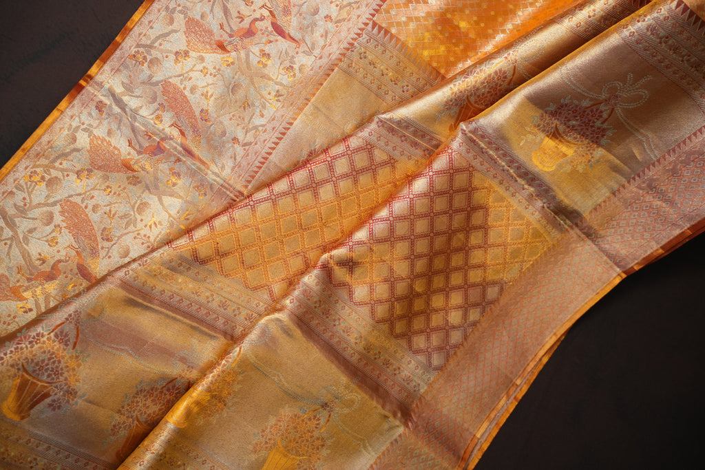 Gold Kanchi Meena Border Saree with Peacock Woven Pallu