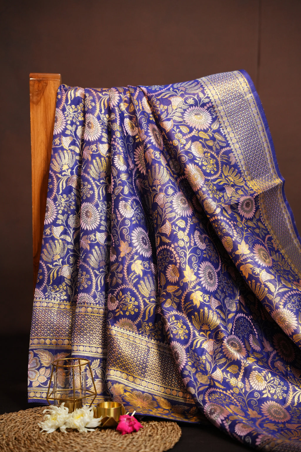 Royal Blue Kanchi Bridal Saree with Floral Zari Weaving