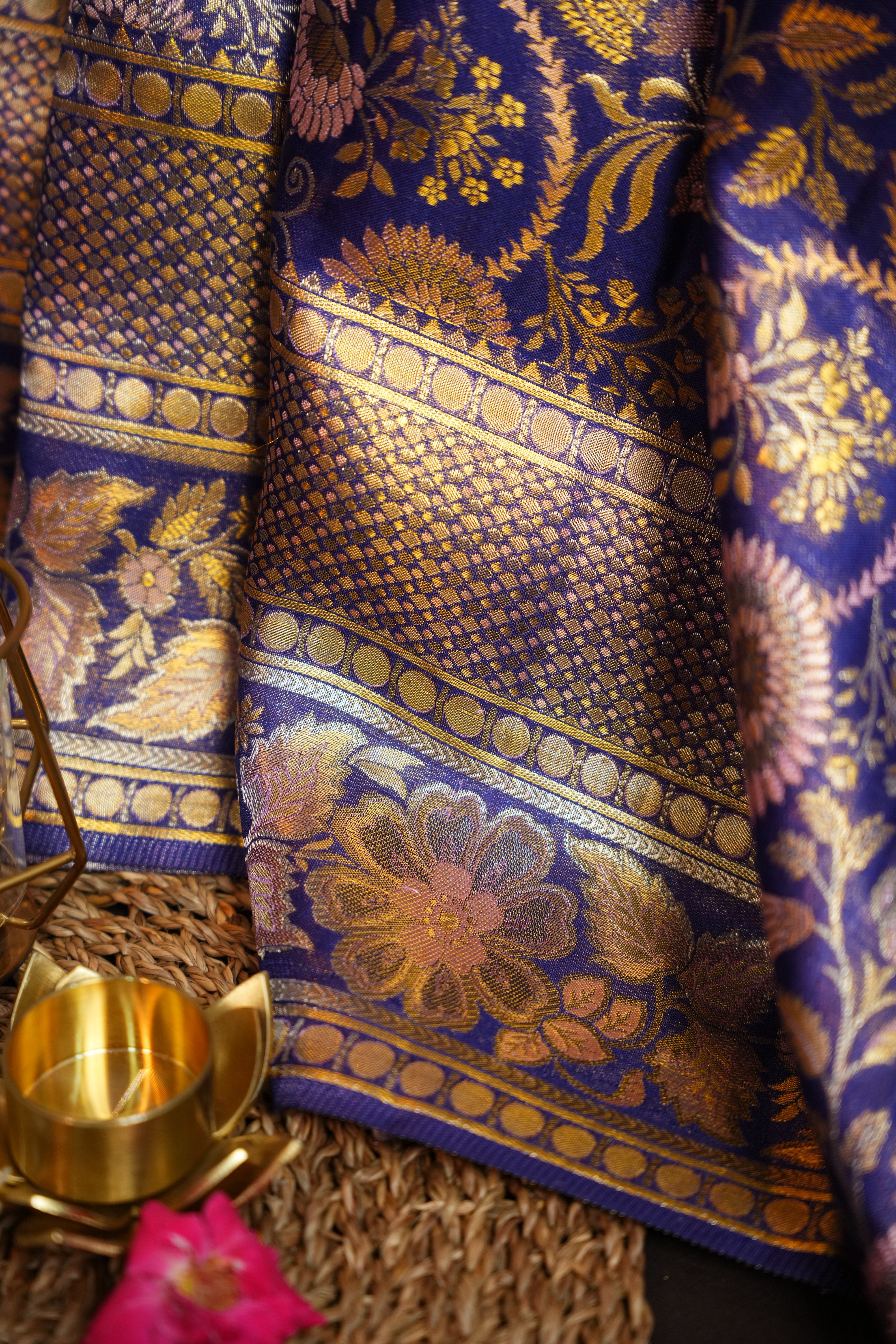 Royal Blue Kanchi Bridal Saree with Floral Zari Weaving