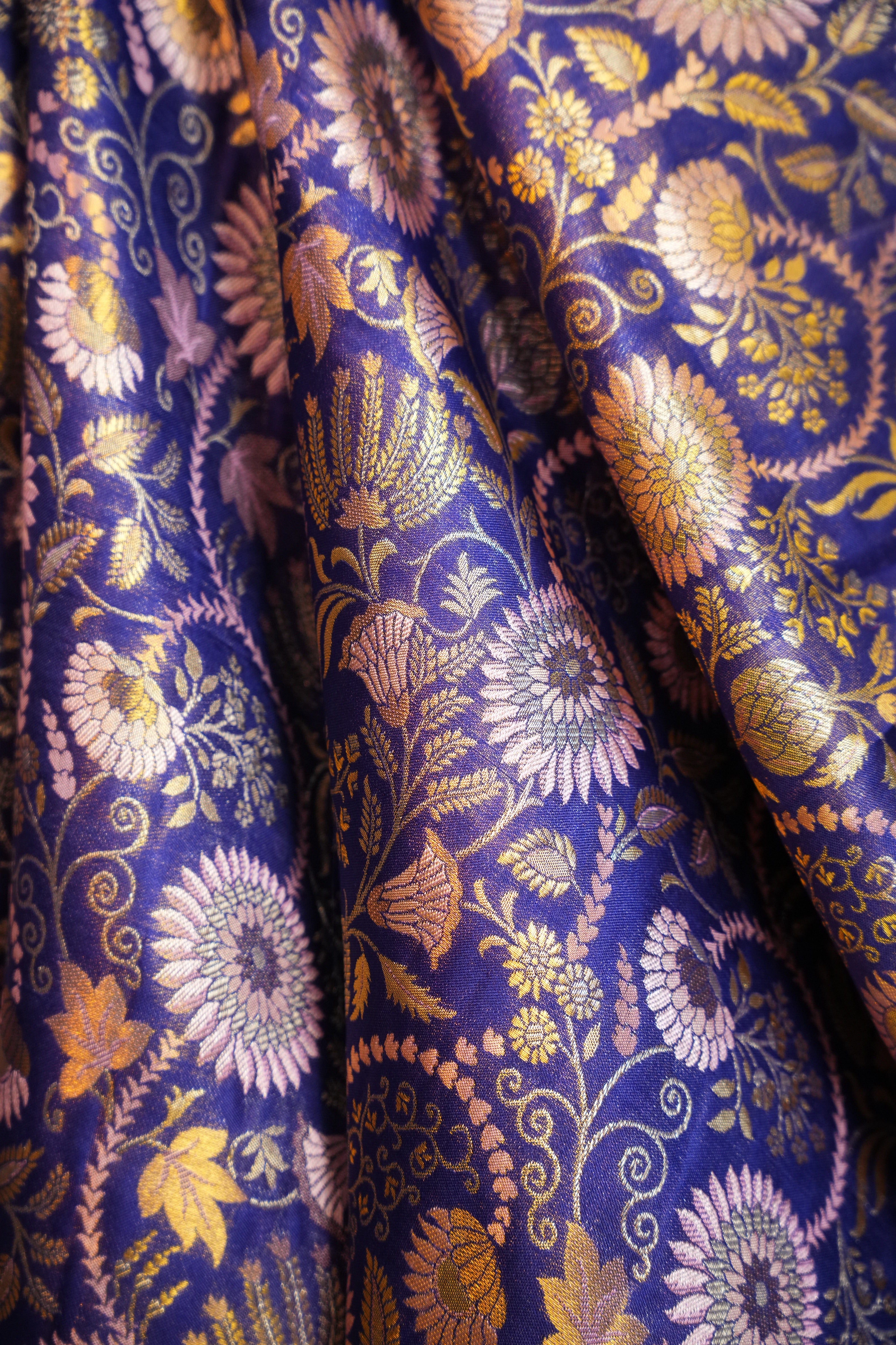 Royal Blue Kanchi Bridal Saree with Floral Zari Weaving