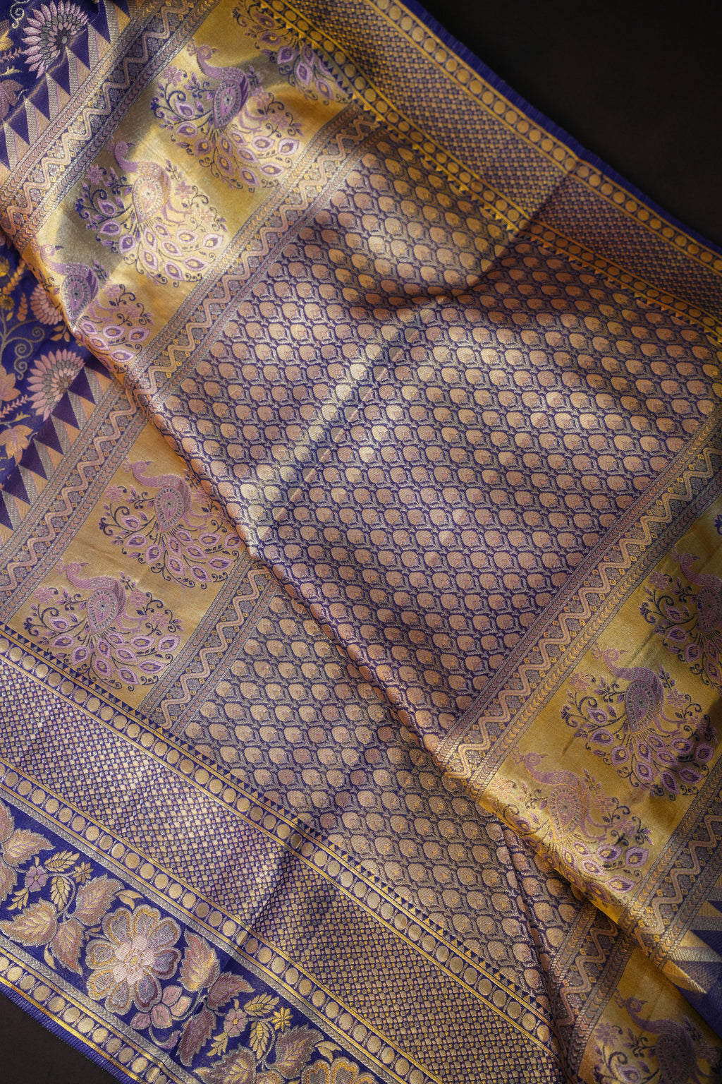 Royal Blue Kanchi Bridal Saree with Floral Zari Weaving