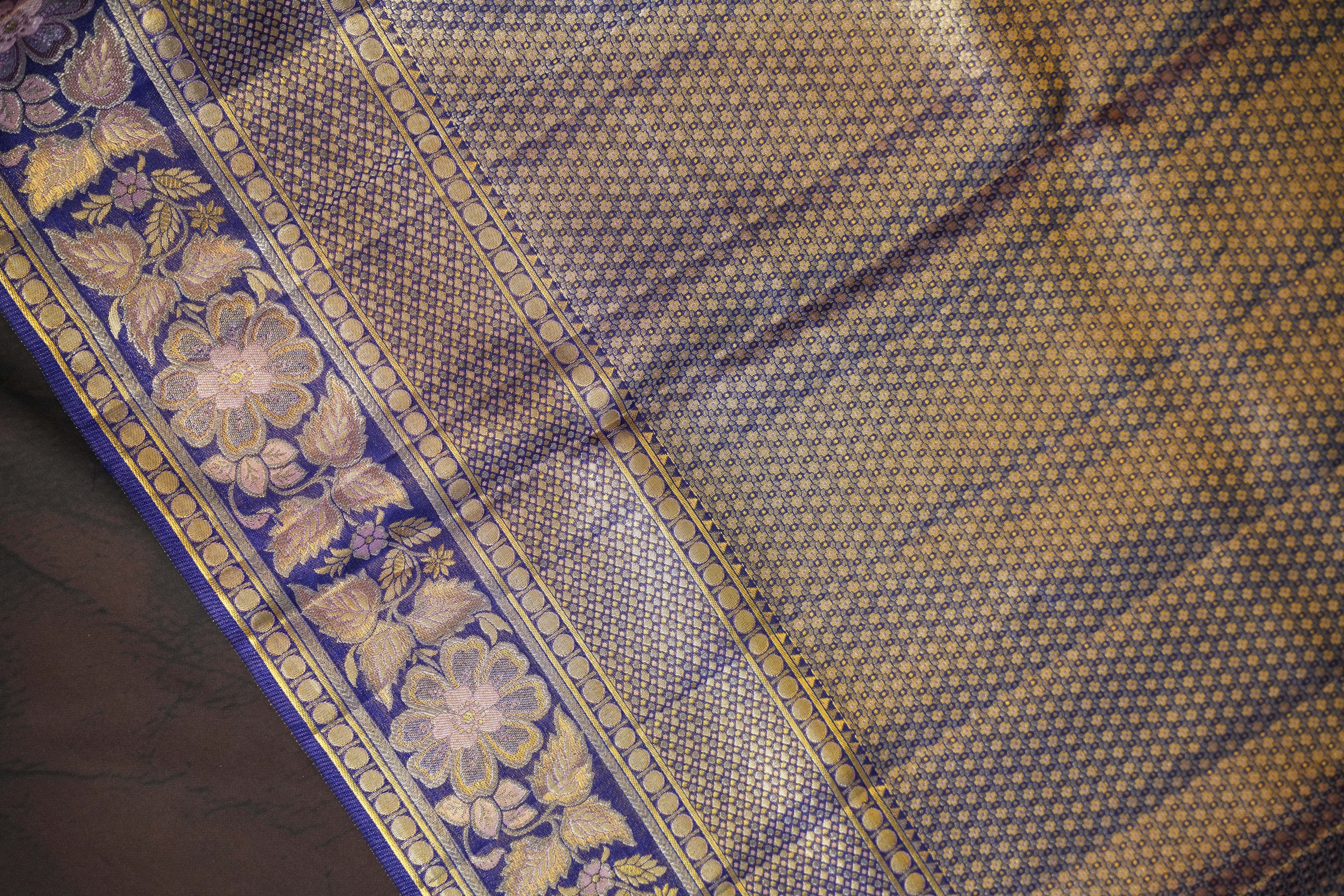 Royal Blue Kanchi Bridal Saree with Floral Zari Weaving