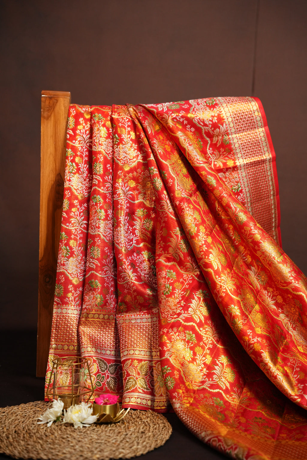 Red Kanchi Bridal Saree with Floral Zari Brocade
