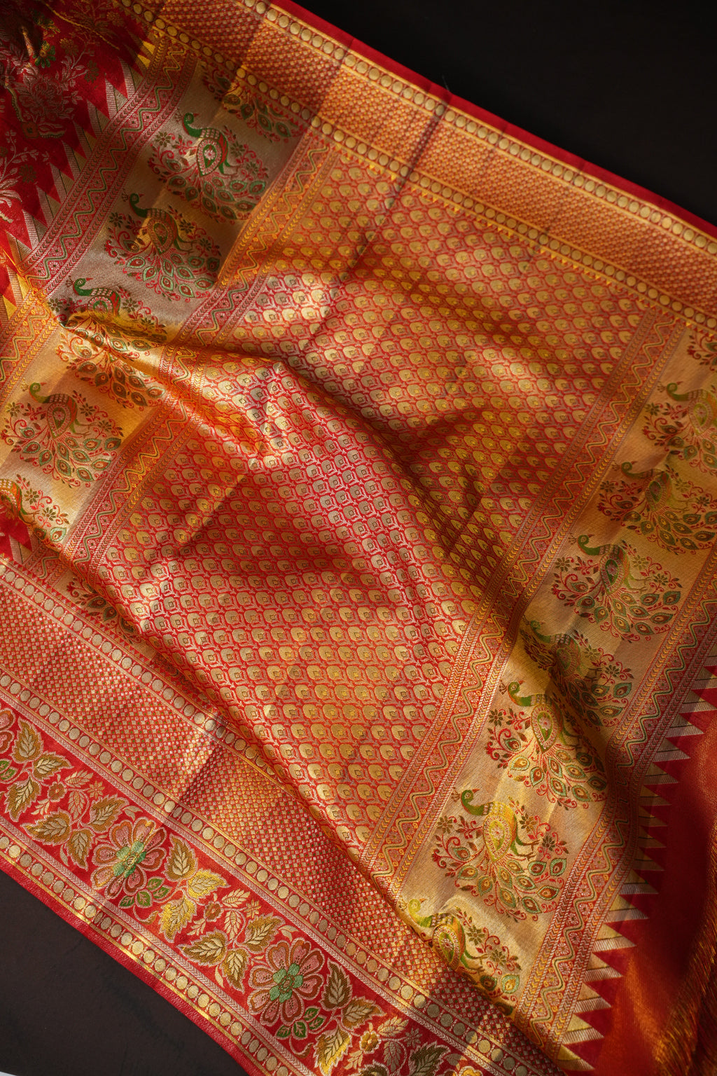 Red Kanchi Bridal Saree with Floral Zari Brocade