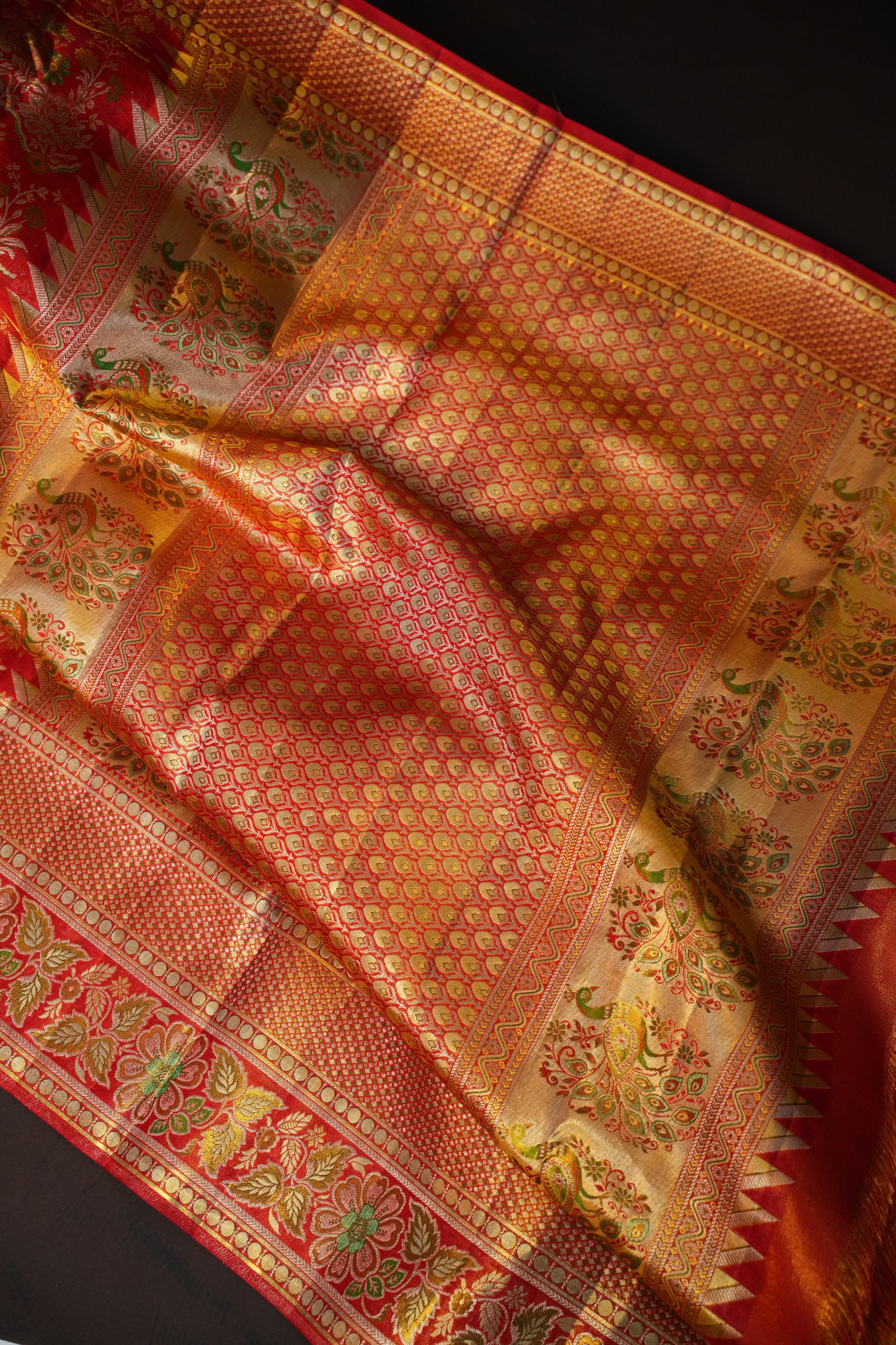 Red Kanchi Bridal Saree with Floral Zari Brocade