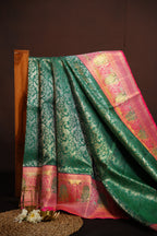 Green Kanchi Meena Border Saree with Pink Zari Border