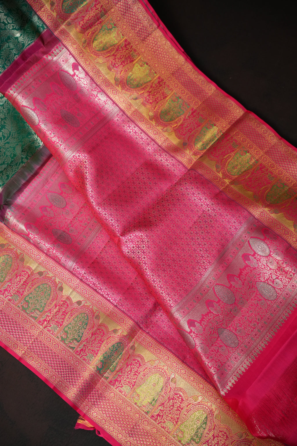 Green Kanchi Meena Border Saree with Pink Zari Border