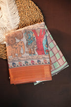 Handcrafted Kalamkari Print Cotton Saree with Copper Border