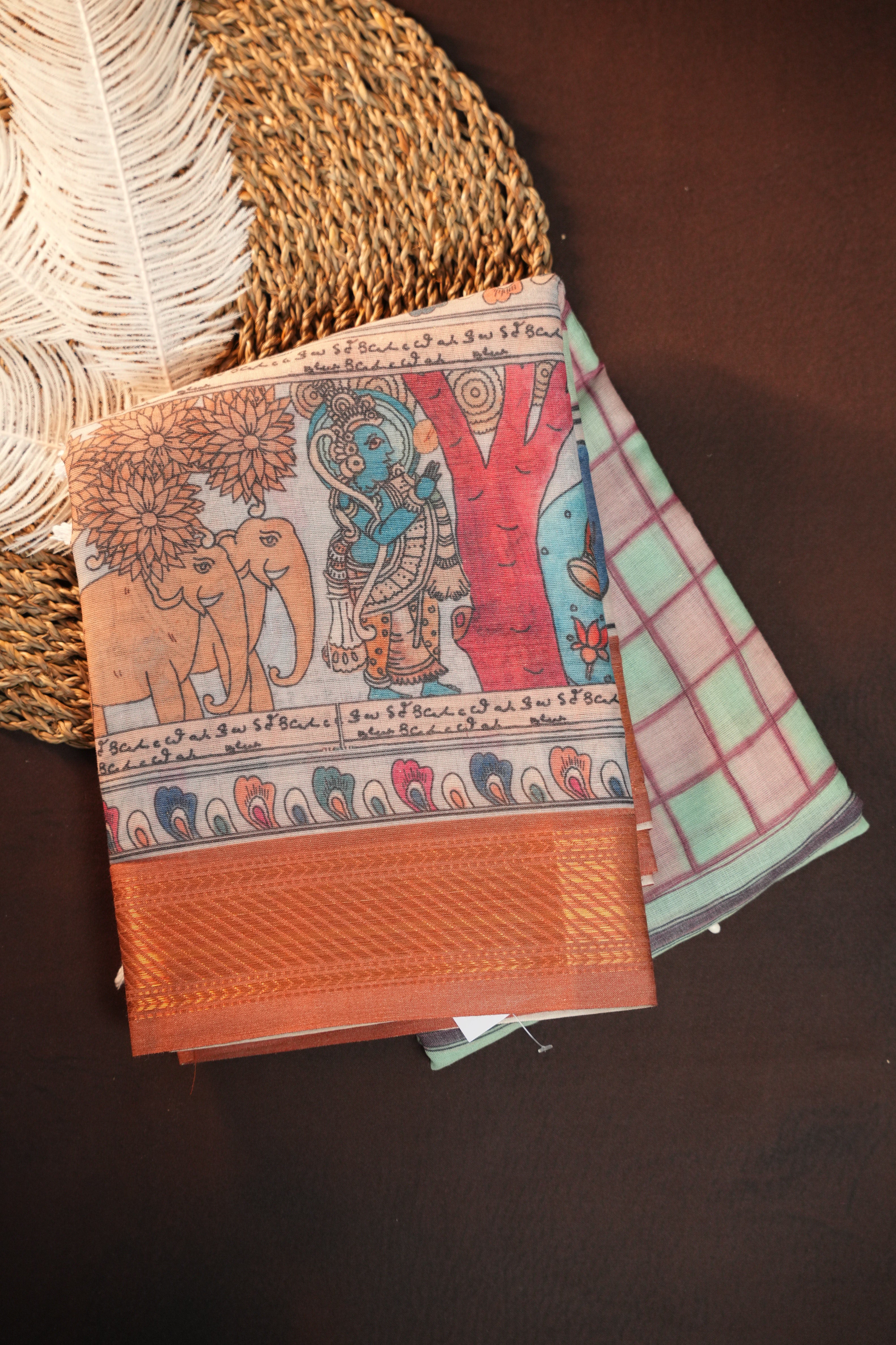 Handcrafted Kalamkari Print Cotton Saree with Copper Border