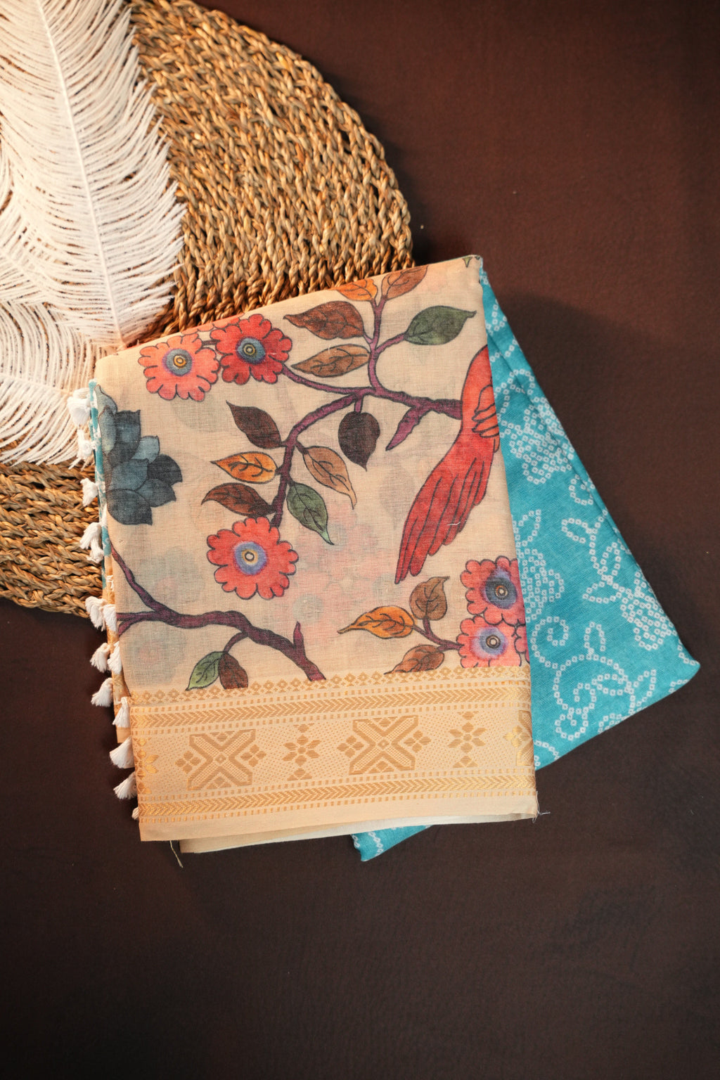 Beige Floral Printed Cotton Saree with Gold Border