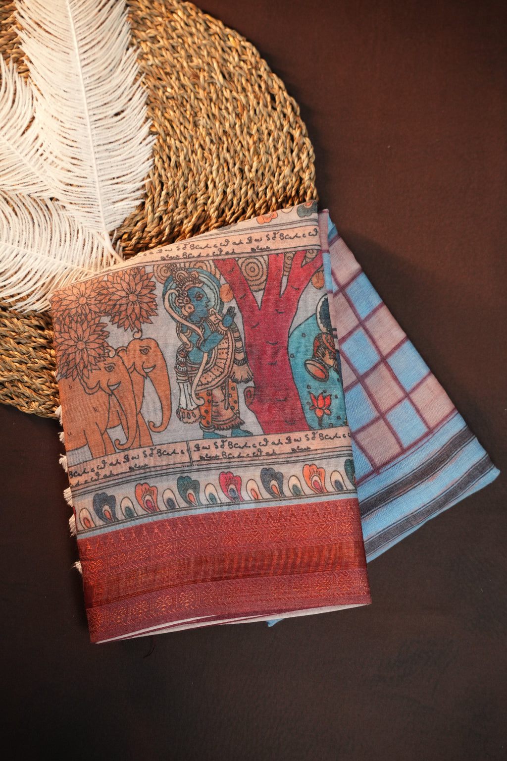 Kalamkari Inspired Cotton Saree with Copper Zari Border