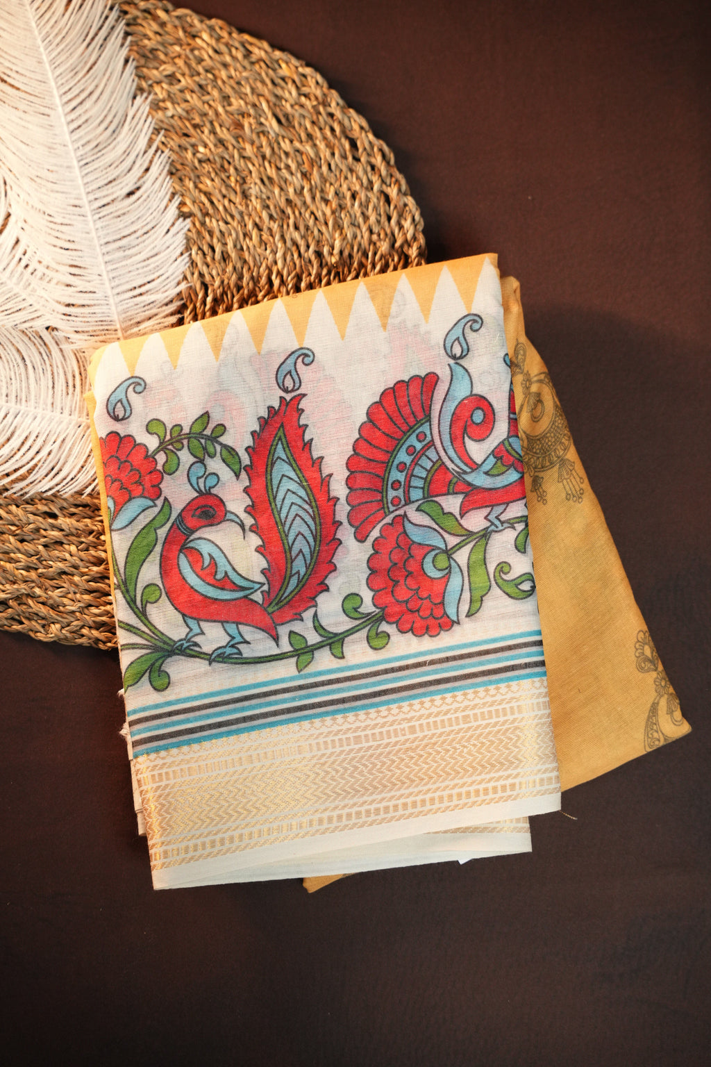 Off White Kalamkari Printed Cotton Saree with Gold Border