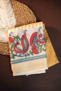 Off White Kalamkari Printed Cotton Saree with Gold Border