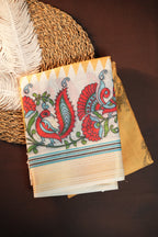 Off White Kalamkari Printed Cotton Saree with Gold Border