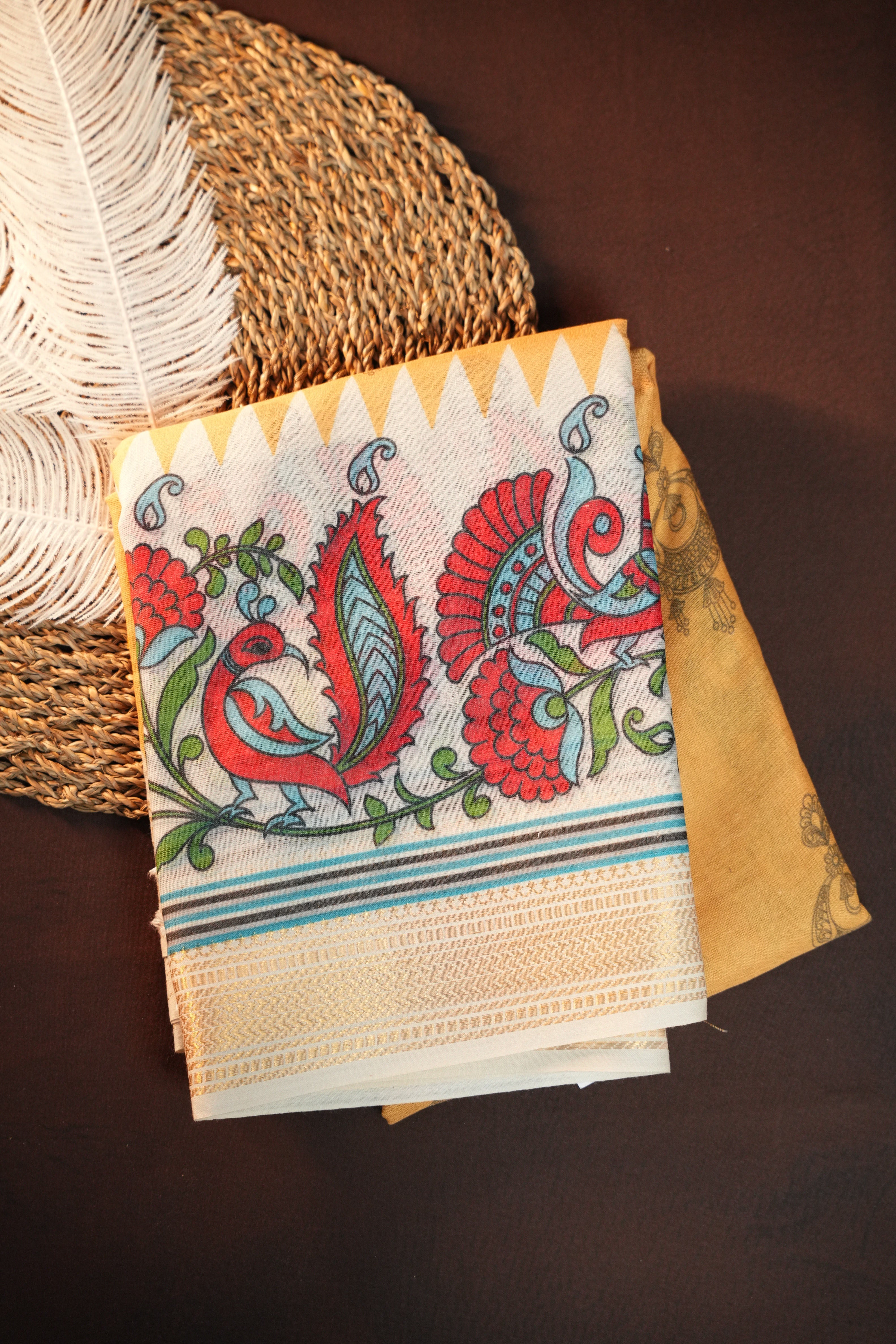Off White Kalamkari Printed Cotton Saree with Gold Border
