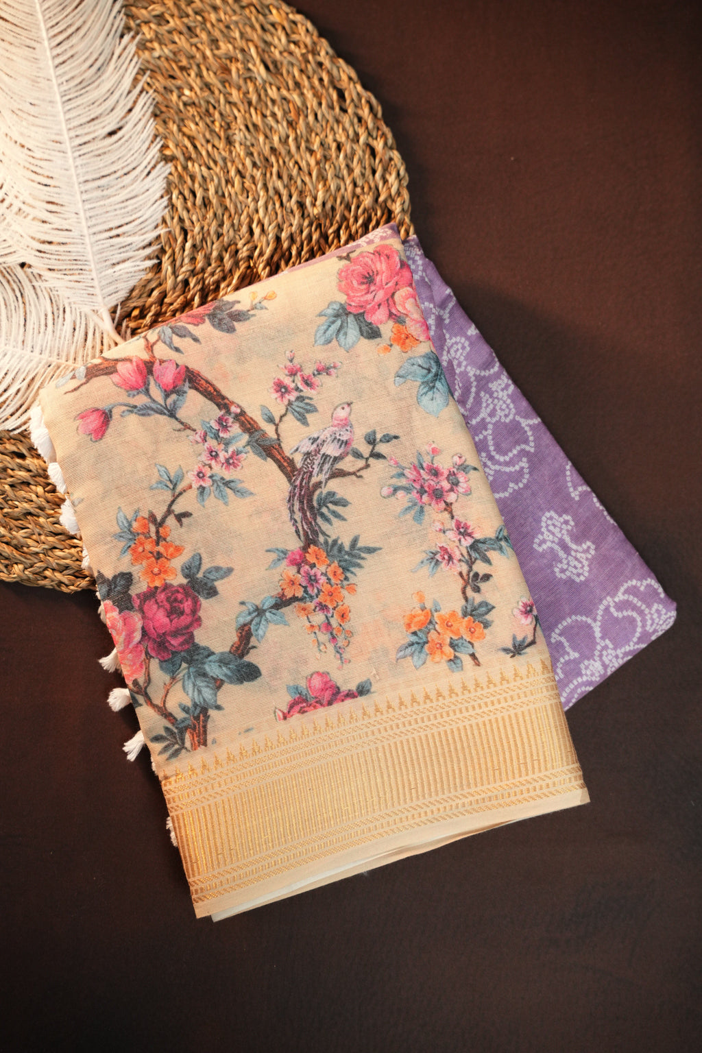 Beige Floral Printed Cotton Saree with Elegant Woven Border